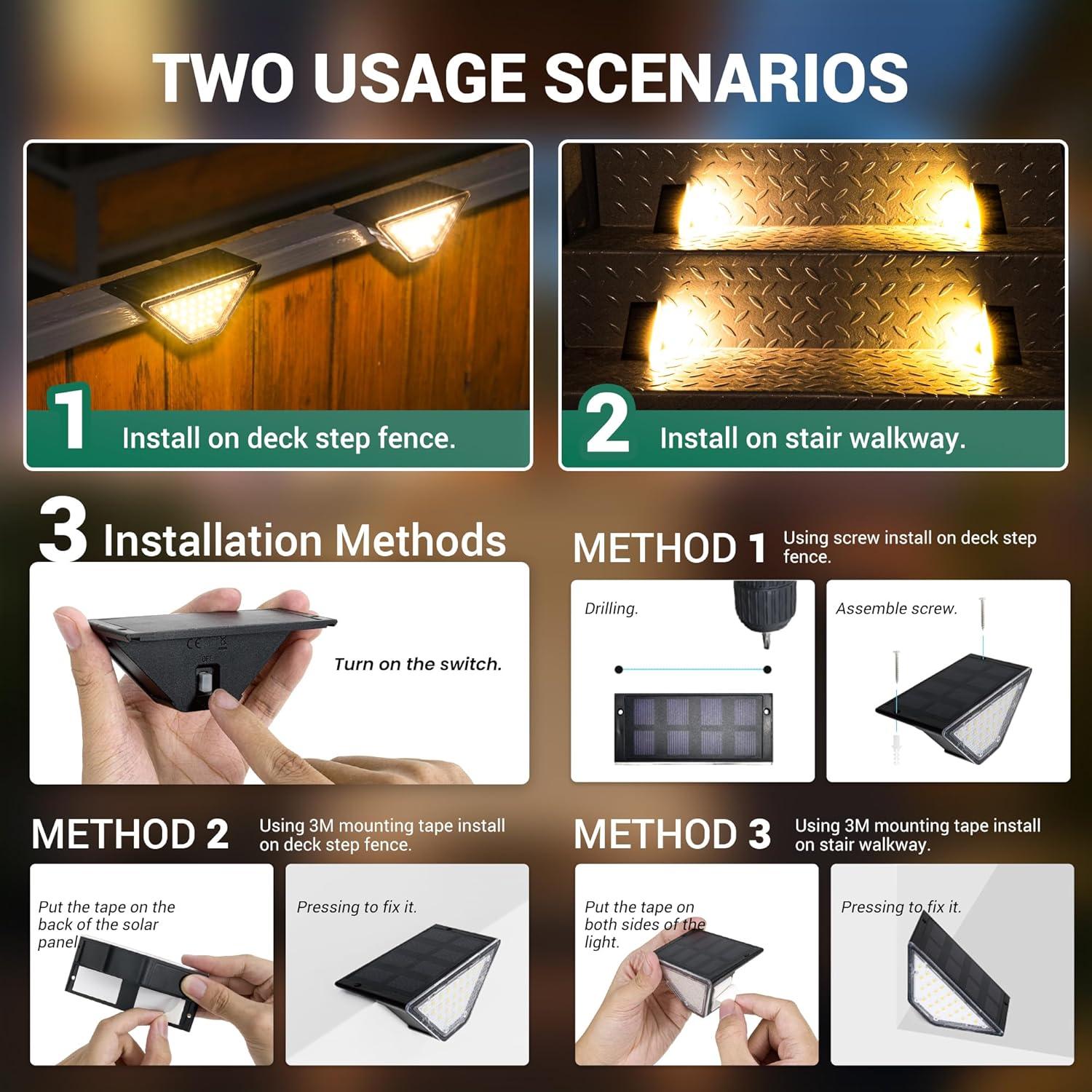 Solar Step Lights for Outside,24 LEDs Solar Stair Lights Waterproof IP65,Solar Deck Lights Outdoor for Yard, Porch, Front Door, Stair, Step, Patio, Deck(6 Pack, Warm White)