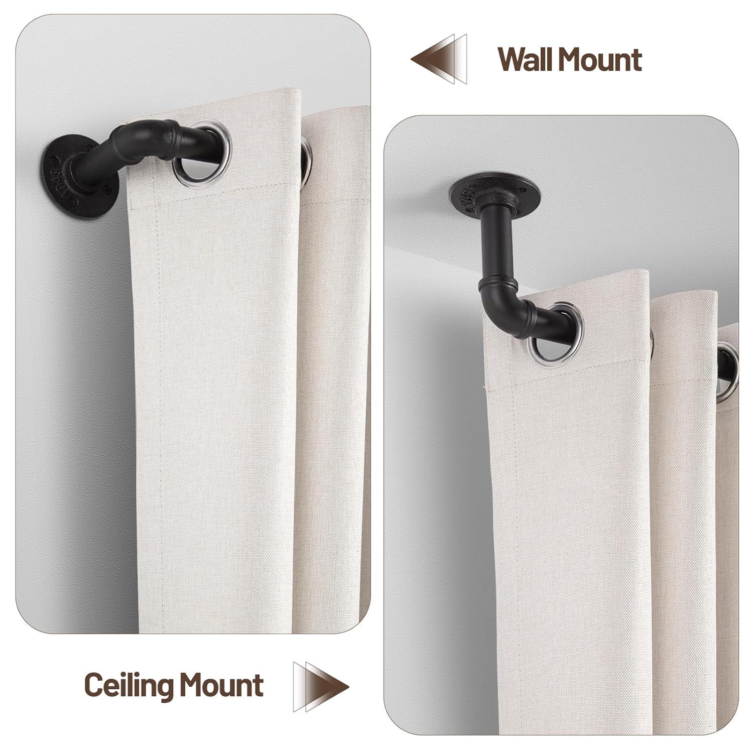 66" to 120"Curtain Rods for Windows, 1 inch Industrial Curtain Rod, Adjustable Wrap Around Black Curtain Rods, Black Industrial Indoor/Outdoor Curtain Rod