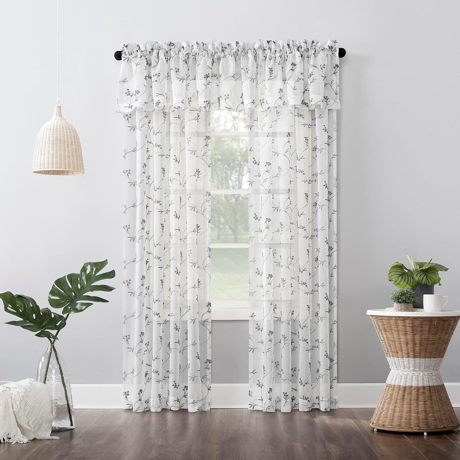 84"x50" Delia Embroidered Floral Sheer Rod Pocket Curtain Panel White - No. 918: Modern Botanical Indoor Curtain