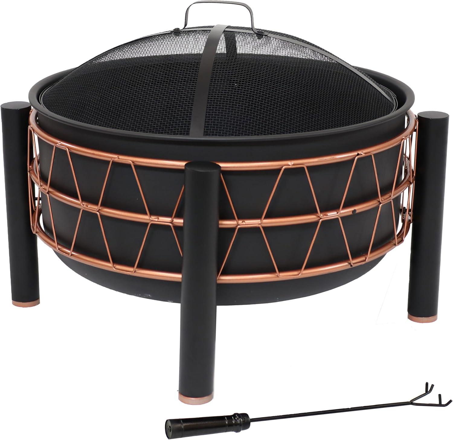 Sunnydaze Steel Fire Pit with Bronze Trapezoid Pattern and PVC Cover - 24.5" Round - Black