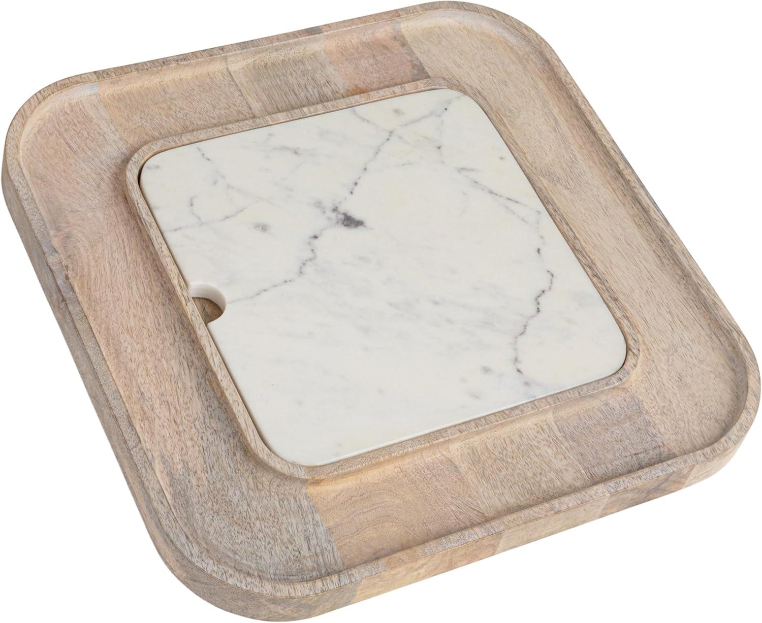 13.5" White Marble and Mango Wood Square Cutting Board Set