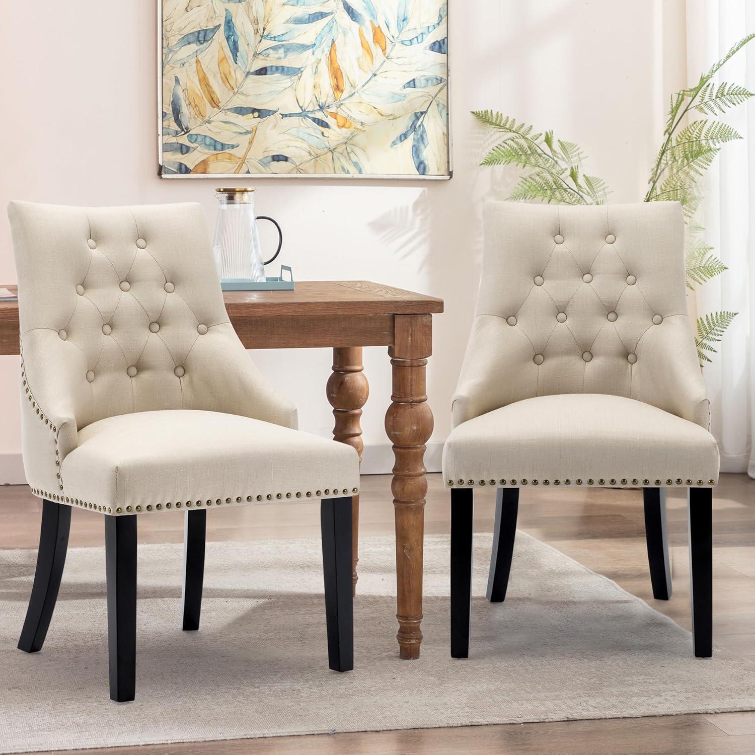 Xayoca Dining Chairs Set of 2,Upholstered Velvet Dining Room Chairs with Button-Tufted Decoration,Modern Kitchen Chairs with Nailhead Solid Wood Legs for Kitchen/Bedroom/Dining Room（Beige）