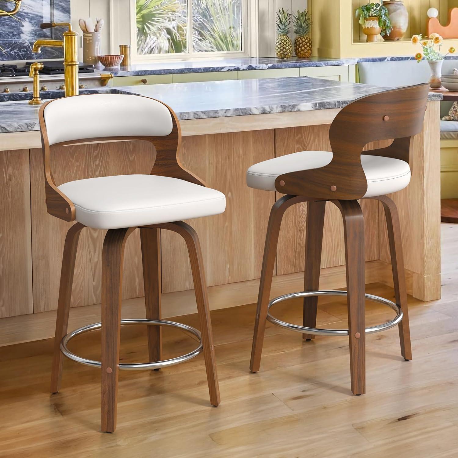 White Faux Leather Swivel Adjustable Bar Stools with Wood Frame