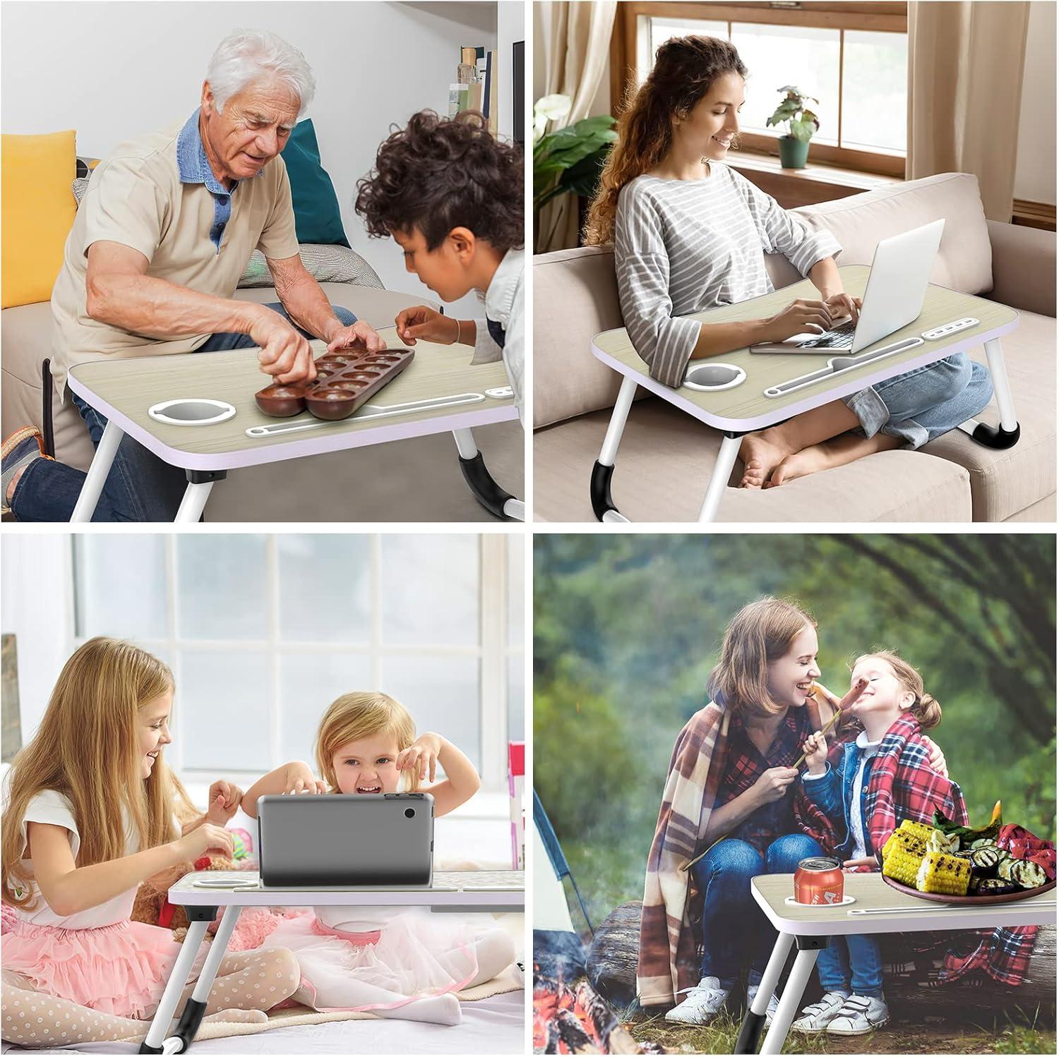 Foldable Light Wood Laptop Desk with USB Ports and Storage