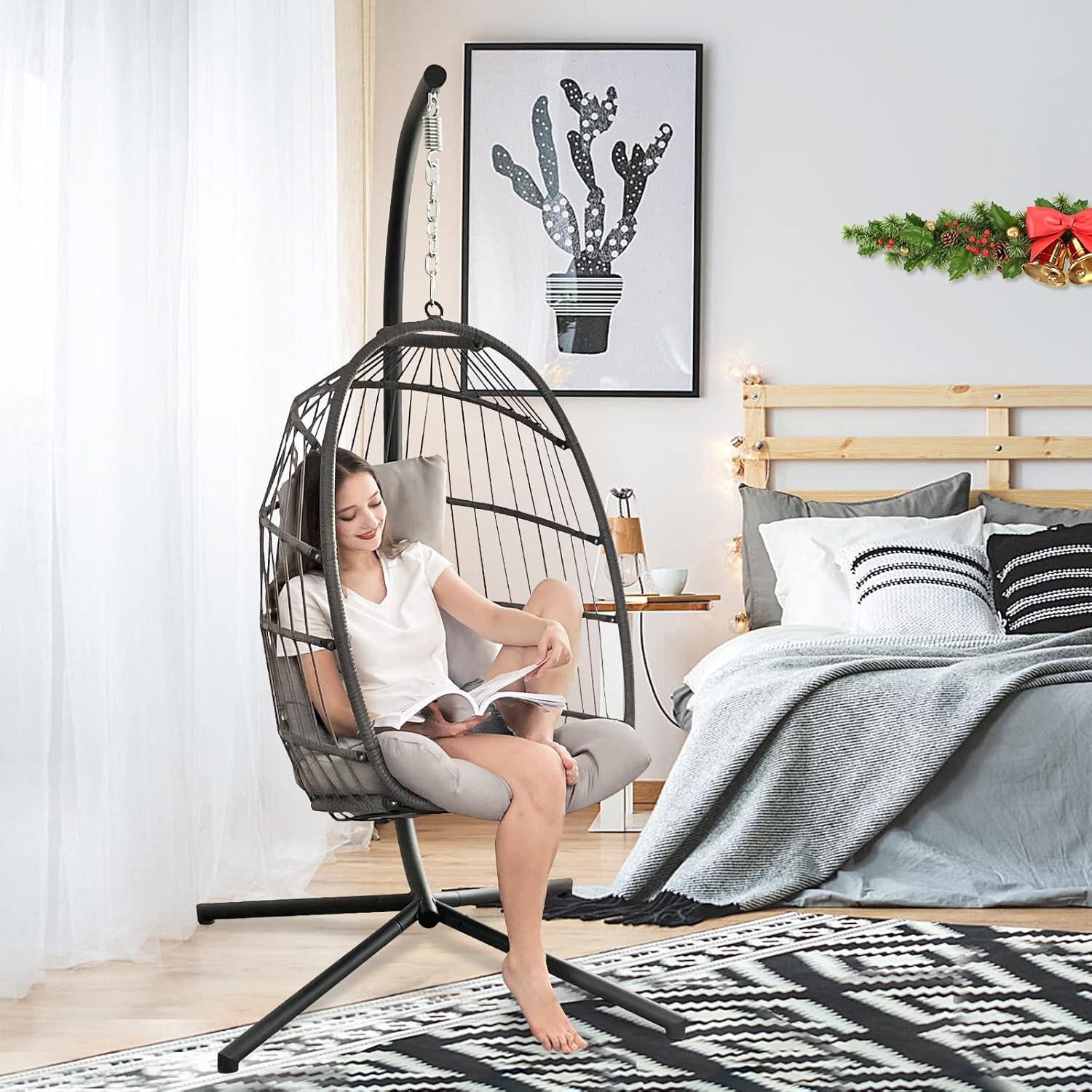 NICESOUL All Weather Swing Egg Chair Indoor Outdoor, Comfy Rattan Patio Basket Hanging Chair with Stand and Cushions, 350lbs Heavy Duty Sturdy Egg Hammock Chairs for Porch Balcony Deck Garden, Gray