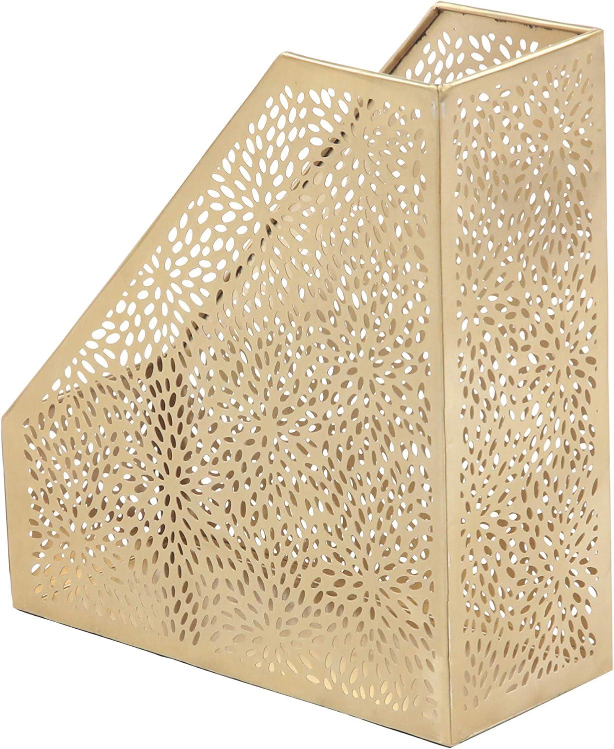 CosmoLiving by Cosmopolitan 12" Gold Metal Single Slot Magazine Holder with Laser Carved Floral Design