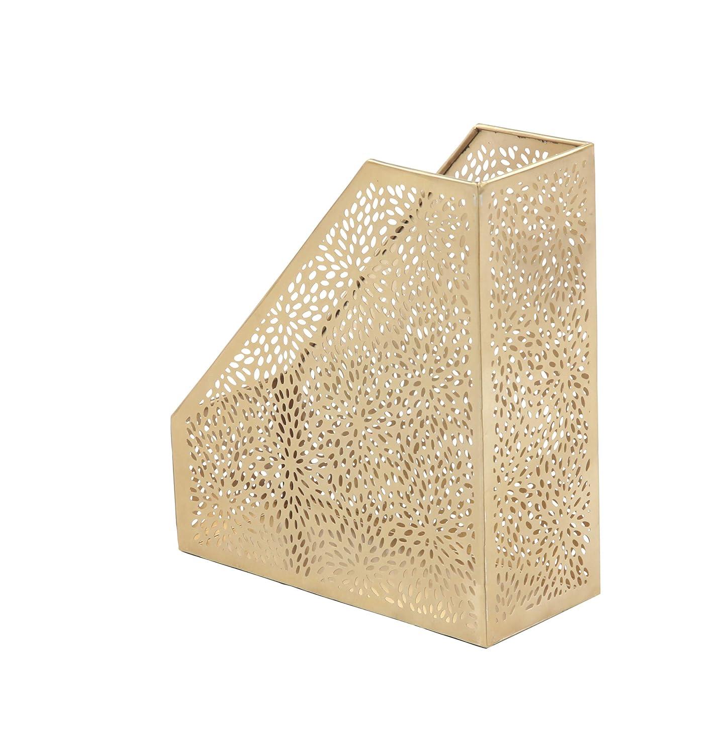 CosmoLiving by Cosmopolitan 12" Gold Metal Single Slot Magazine Holder with Laser Carved Floral Design