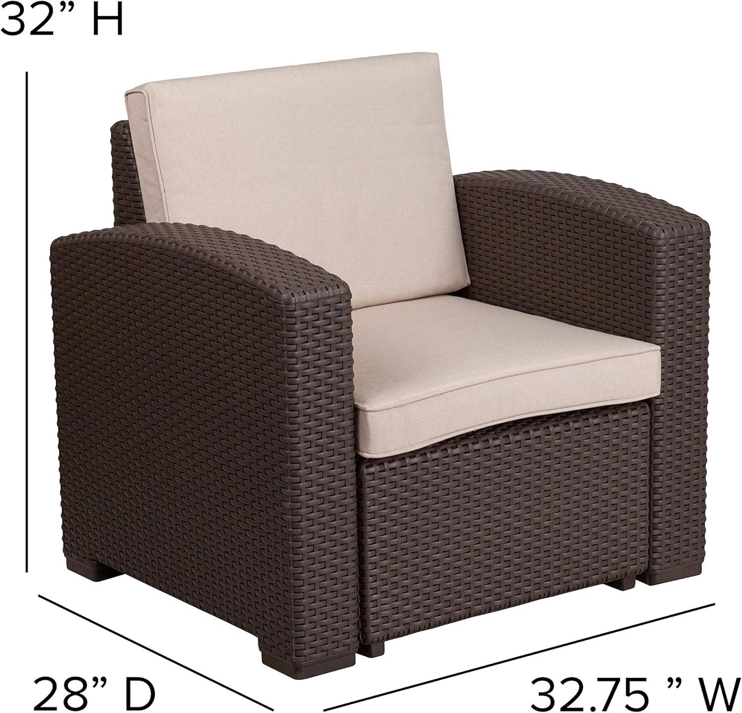 Merrick Lane 4 Piece Dark Gray Faux Rattan Patio Furniture Set with 2 Chairs and Sofa with Removable Light Gray Cushions and Table