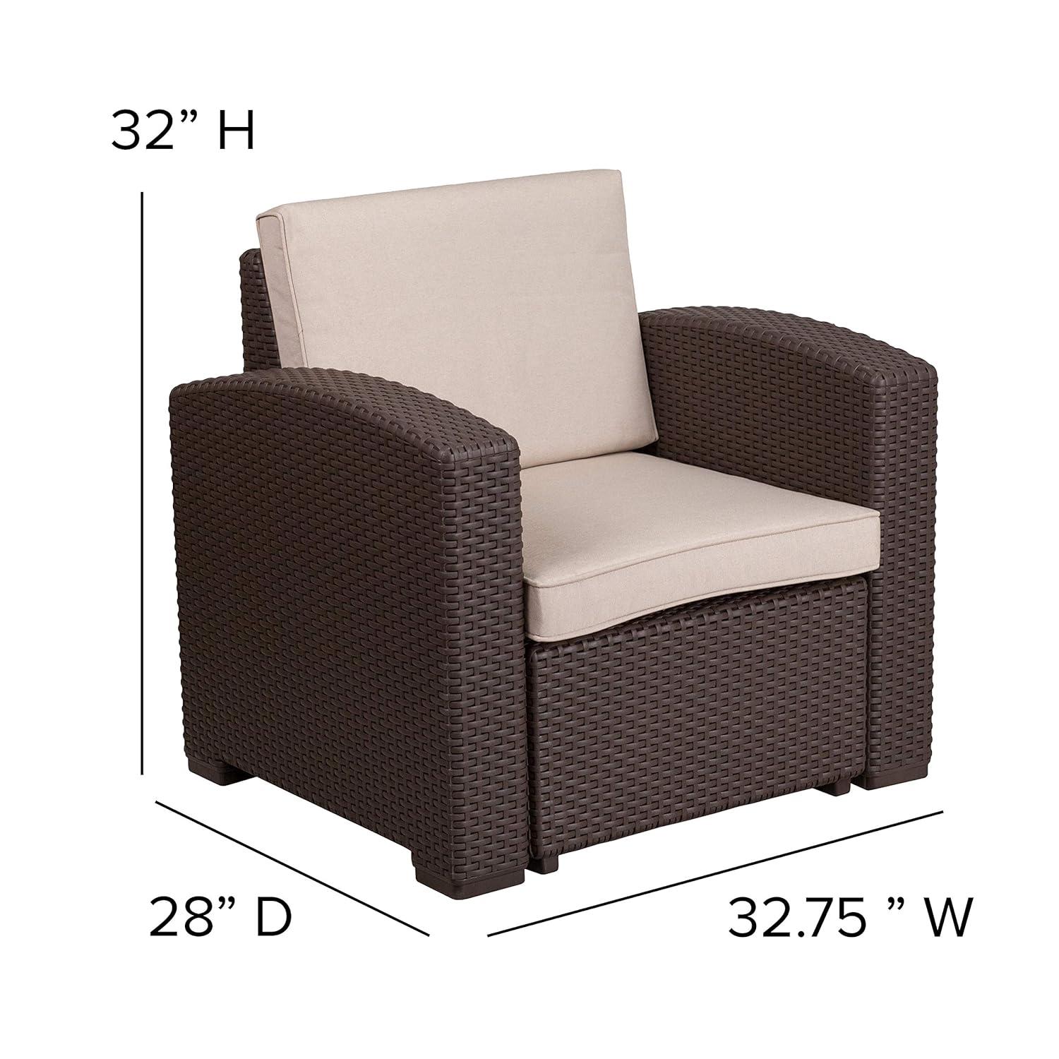 Merrick Lane 4 Piece Dark Gray Faux Rattan Patio Furniture Set with 2 Chairs and Sofa with Removable Light Gray Cushions and Table