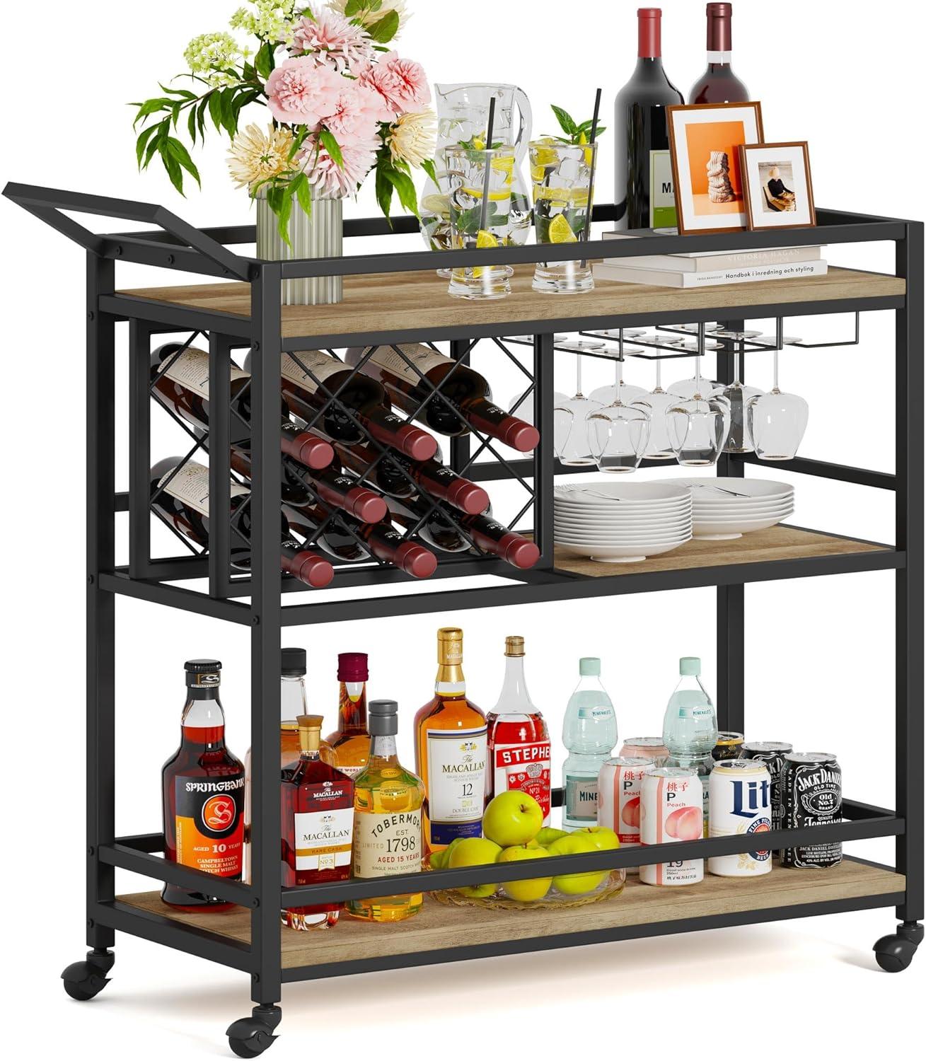 17 Stories Bar Cart For The Home, Rolling Wine Carts On Wheels With 3 Tier Wood Shelves, Liquor Beverage Cart With Wine Rack And Glass Holder