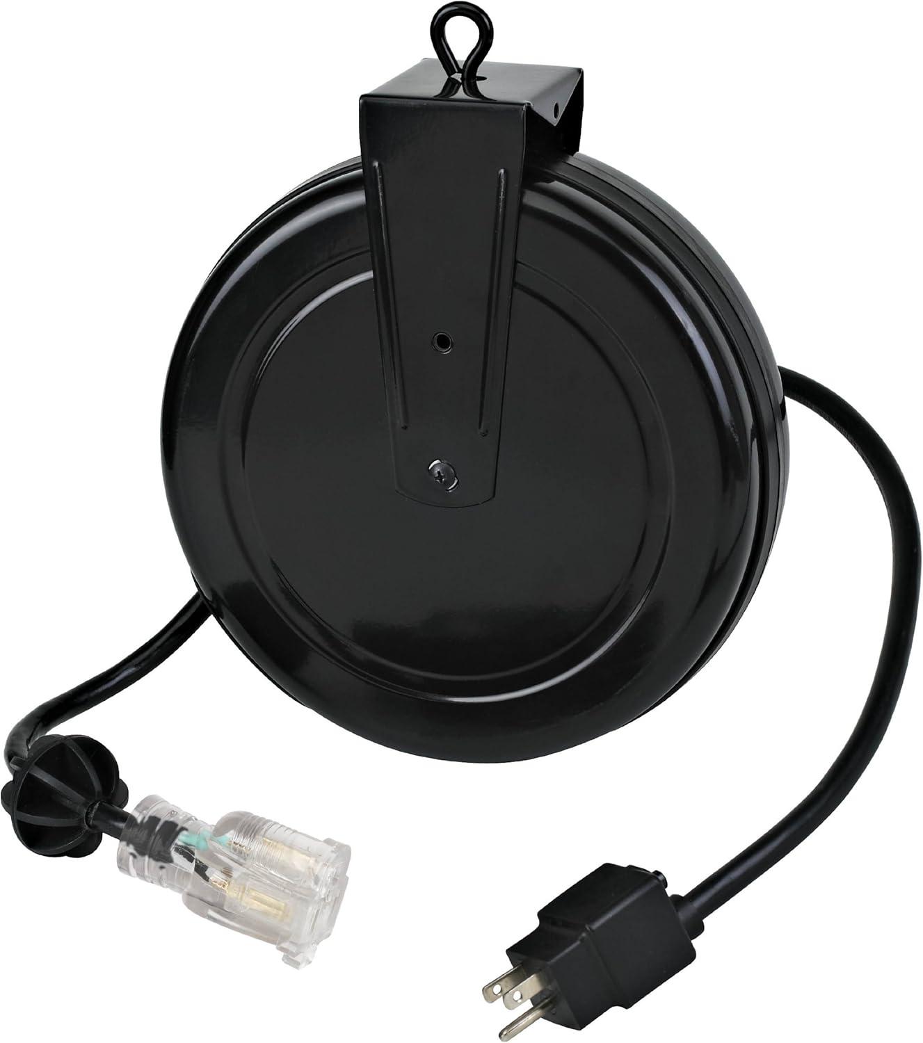 Black Industrial Retractable Extension Cord Reel with Single Outlet