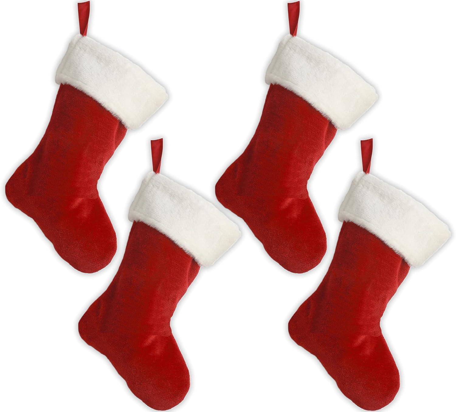 Set of 4 - 19" Red Velvet Stocking W/White Plush Cuff & Hanging Tag