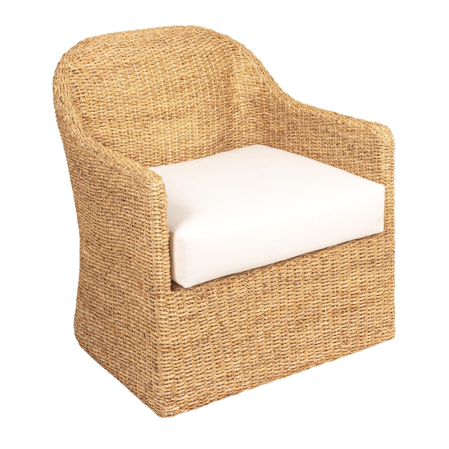Natural and Cream Woven Water Hyacinth and Acacia Wood Outdoor Lounge Chair with White Cushion