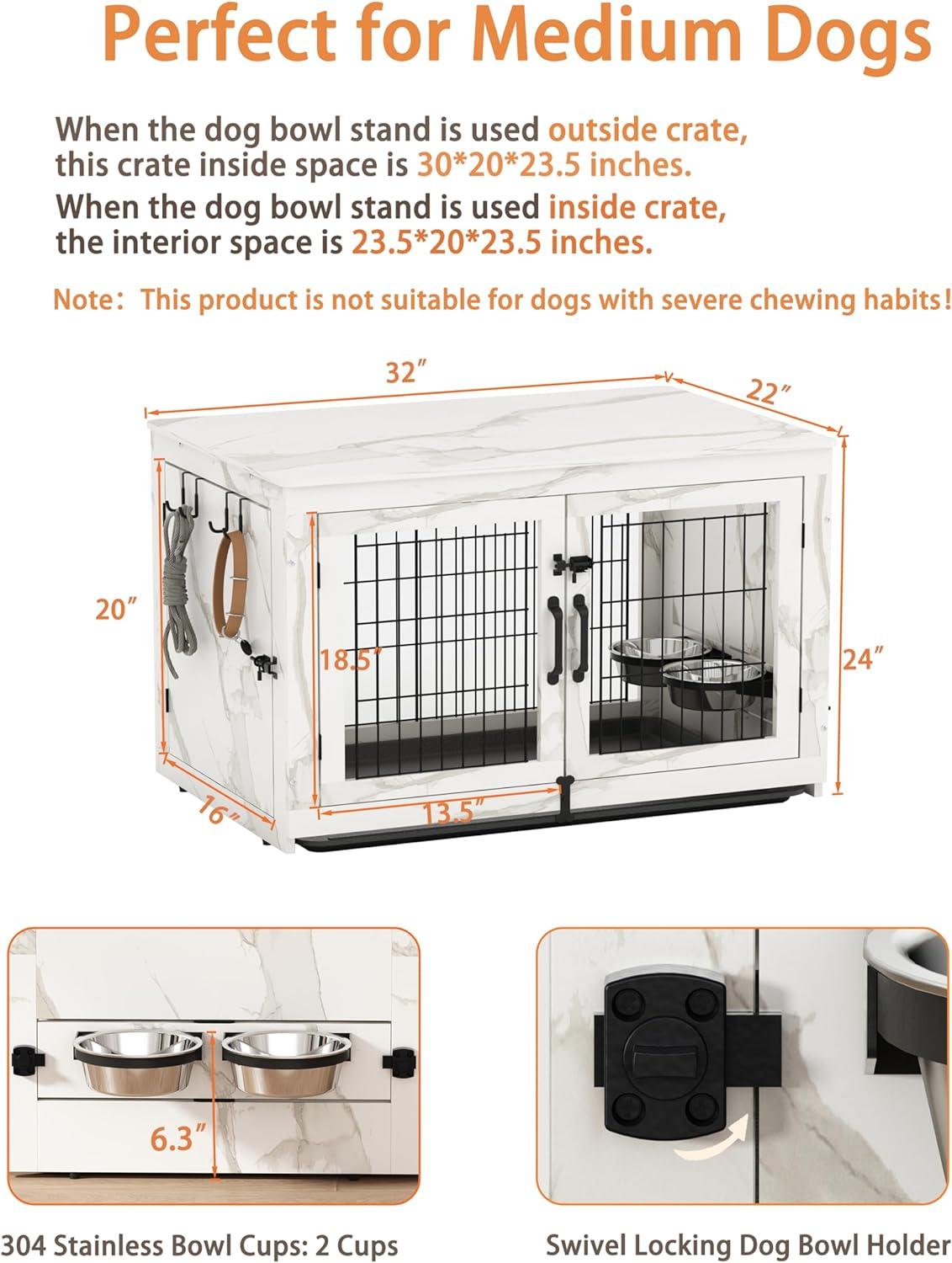 Piskyet Wooden Dog Crate Furniture with 360°Rotatable Removable Dog Bowls, Dog Crate End Table with Tray, Double Doors Dog Kennels forDogs(L:37.7" L*25.1" W*26.1" H, Marble White)