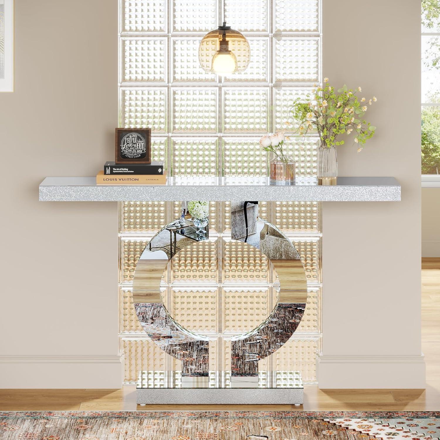 Silver Mirrored Glass Console Table with O-Shaped Base