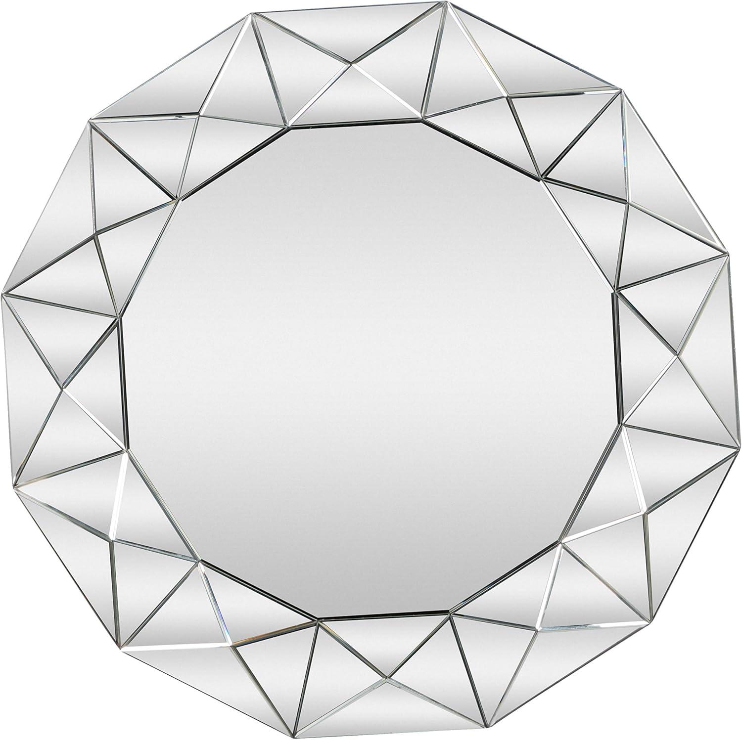 DecMode Glam Glass Silver Round Wall Mirror with Triangular Patterns, 40"D