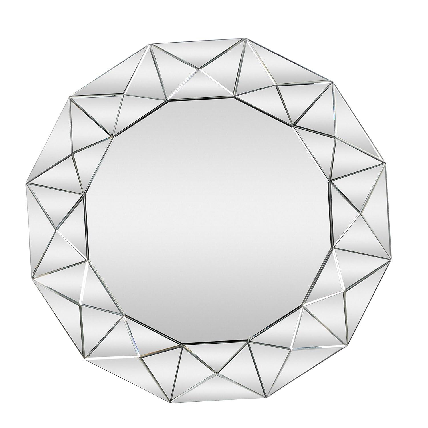DecMode Glam Glass Silver Round Wall Mirror with Triangular Patterns, 40"D
