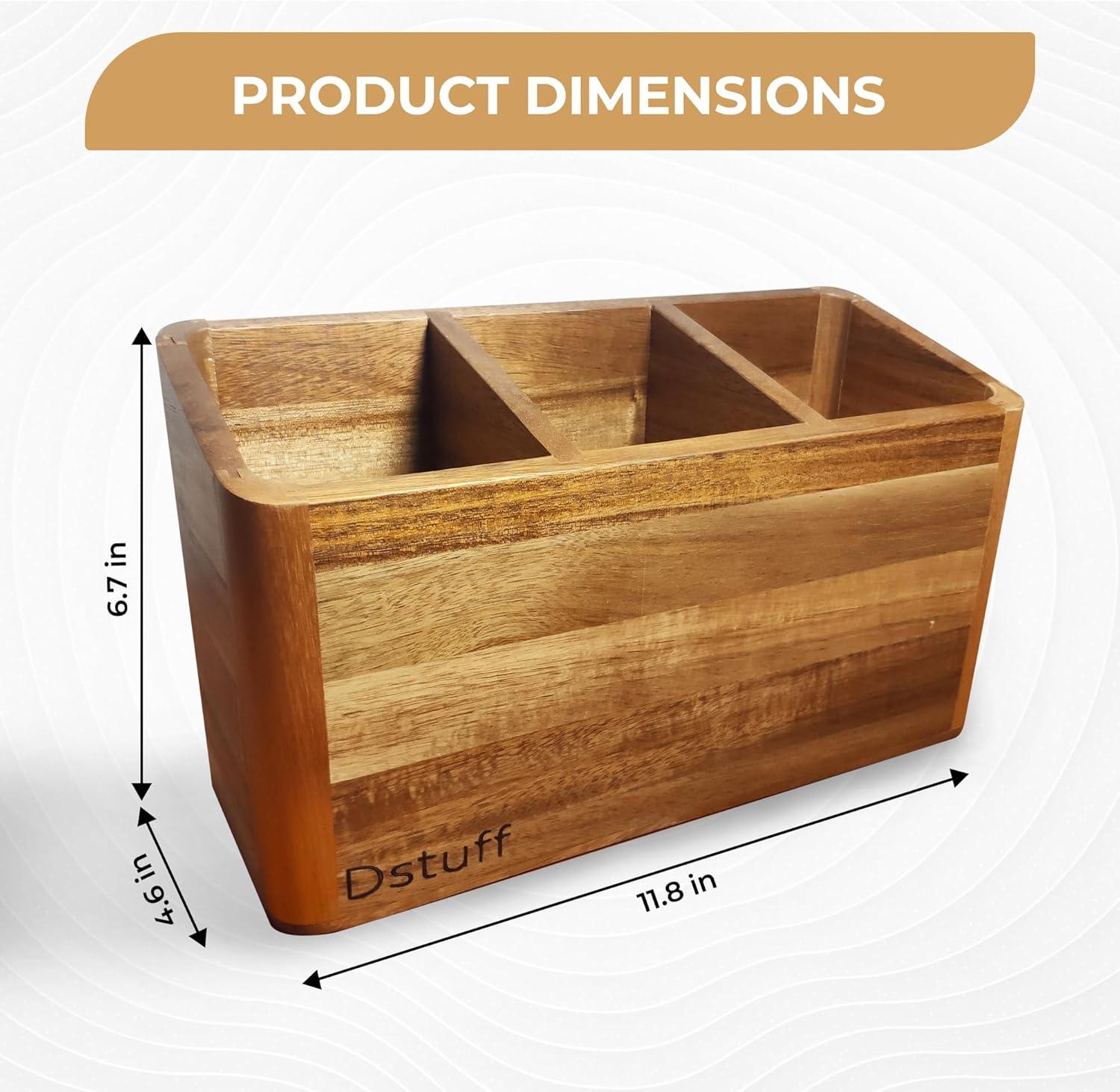 Large Acacia Wood Kitchen Utensil Holder with Compartments