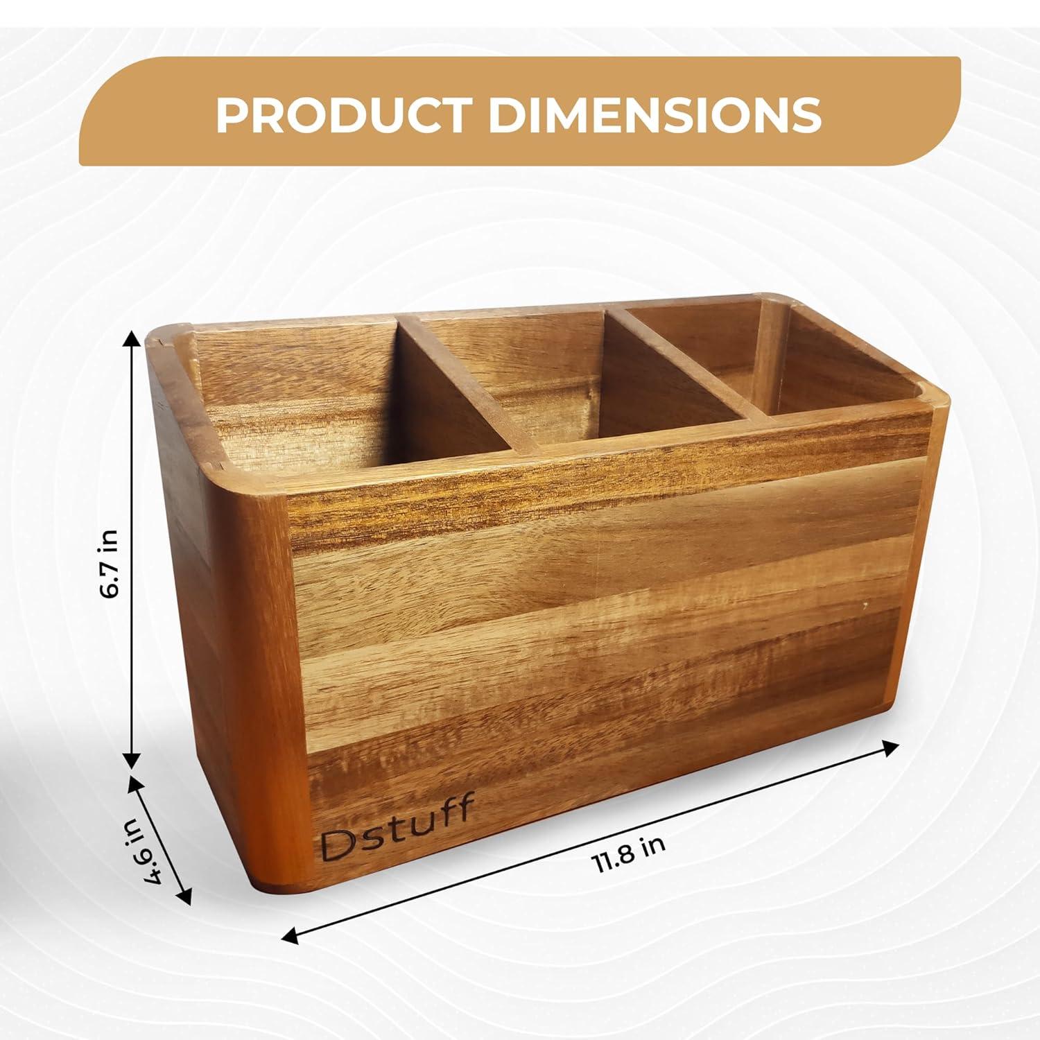 Large Kitchen Utensil Holder Organizer for Counter or Countertop, Large Wooden Utensil Holder for Storage Cooking and Silverware with 3 Compartment, Acacia Rustic Wood Container Extra Large