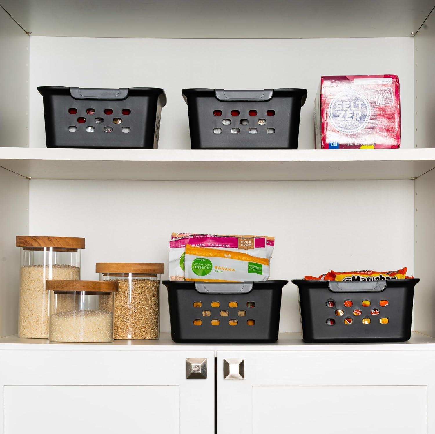 IRIS USA Small Plastic Storage Basket, 12-Pack, Shelf Basket Organizer for Pantries Kitchens Cabinets Bedrooms, Black