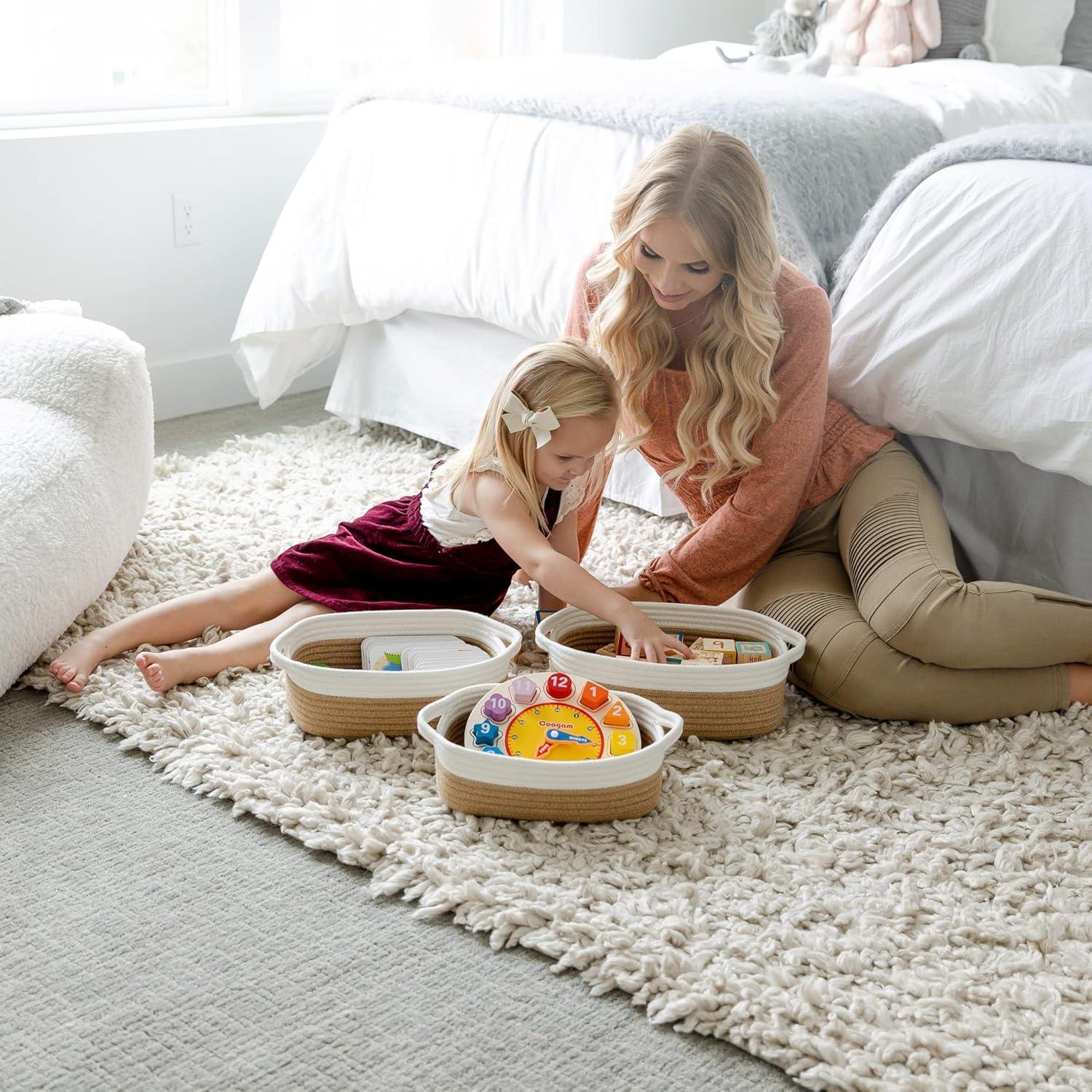 5-Piece Rectangle Storage Basket Set- Natural Cotton Rope Woven Baskets for Organizing! Small Basket for Montessori, Baby Nursery, Dog Toy Baskets, Cat Toy Box, Bathroom Organization Bin