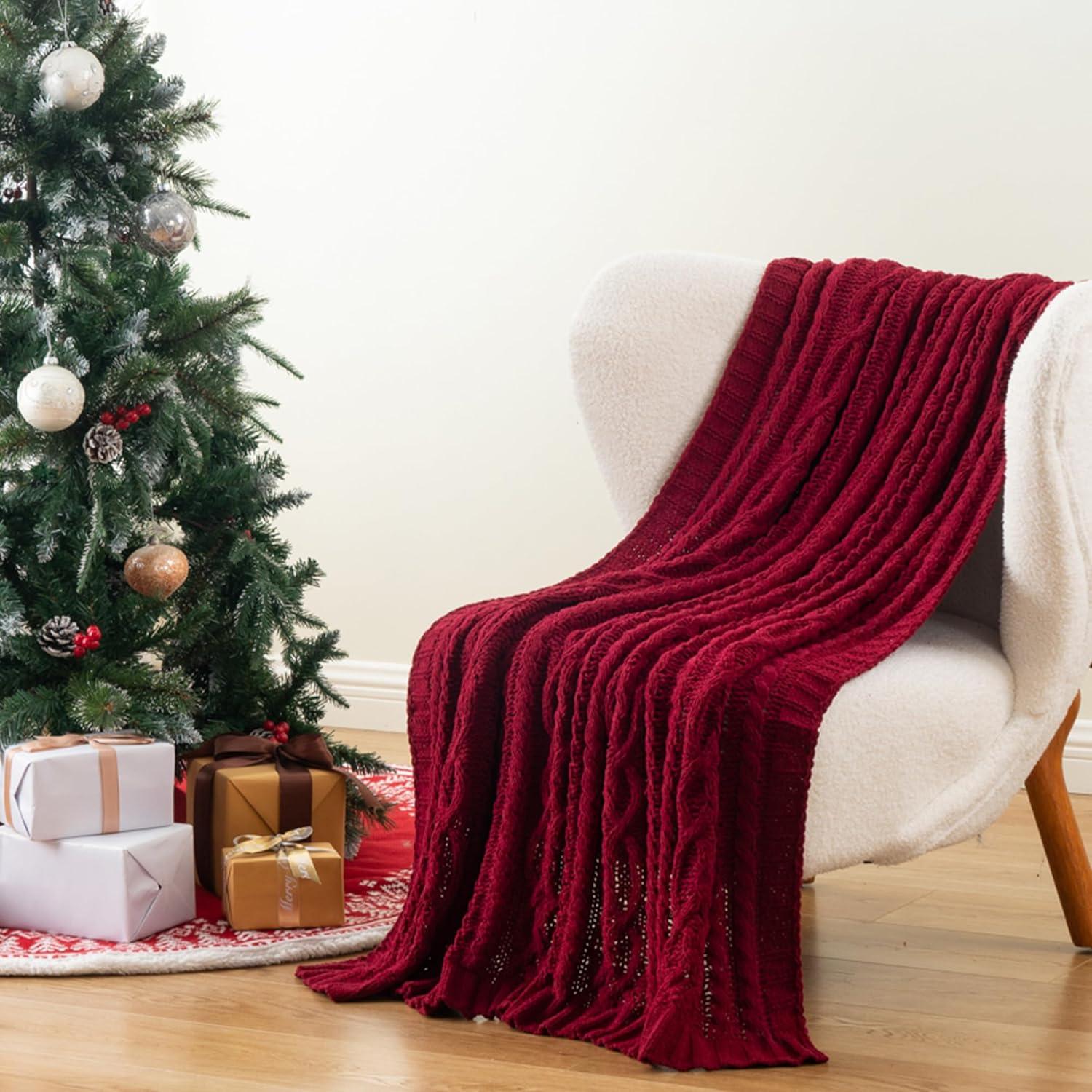 Battilo Dark Red Throw Blanket,Burgundy Cozy Woven Chenille Knit Throw Blankets,Christmas Decor,51"x67"