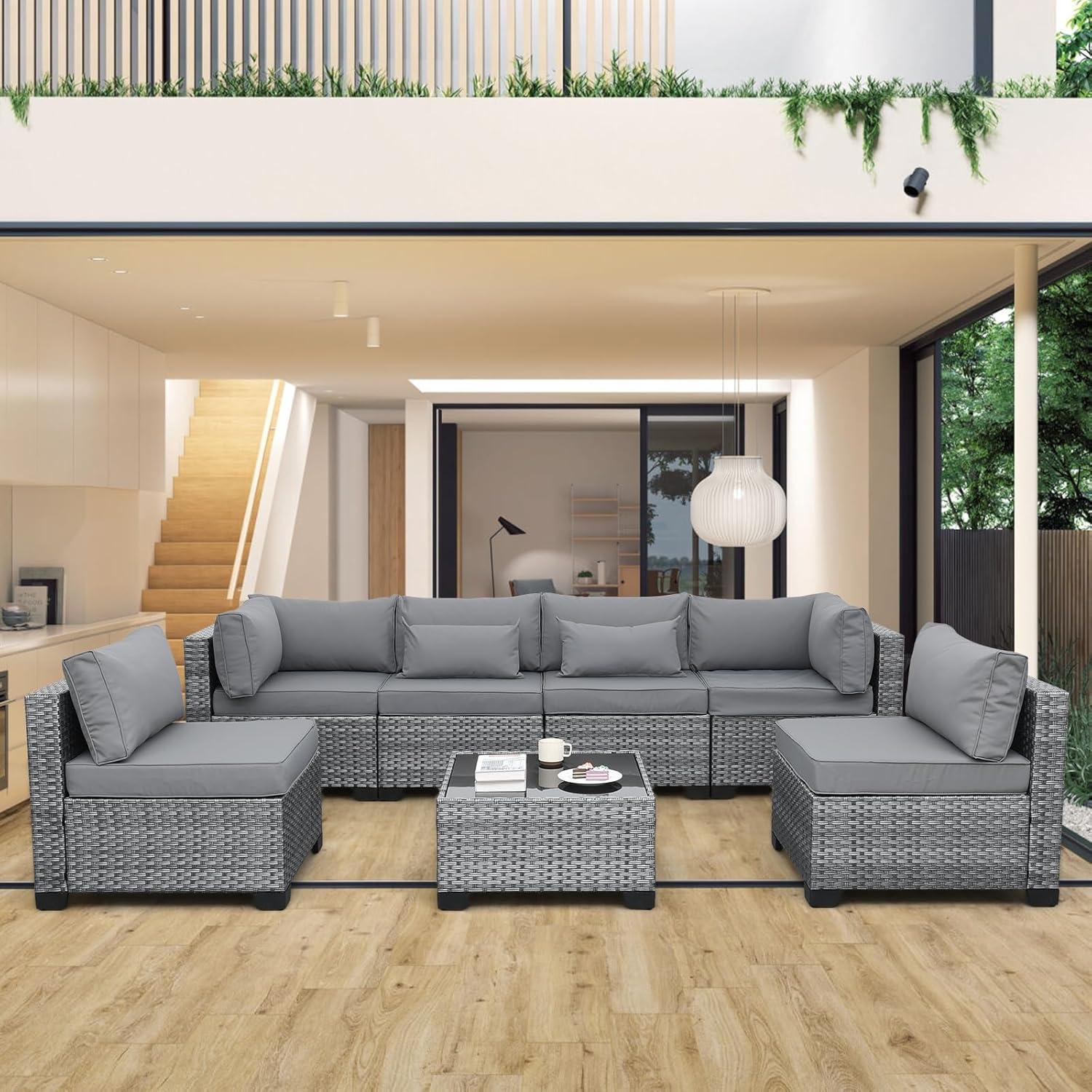 Valita 7 Piece Outdoor PE Wicker Furniture Set, Patio Gray Rattan Sectional Sofa Couch with Washable Grey Cushions
