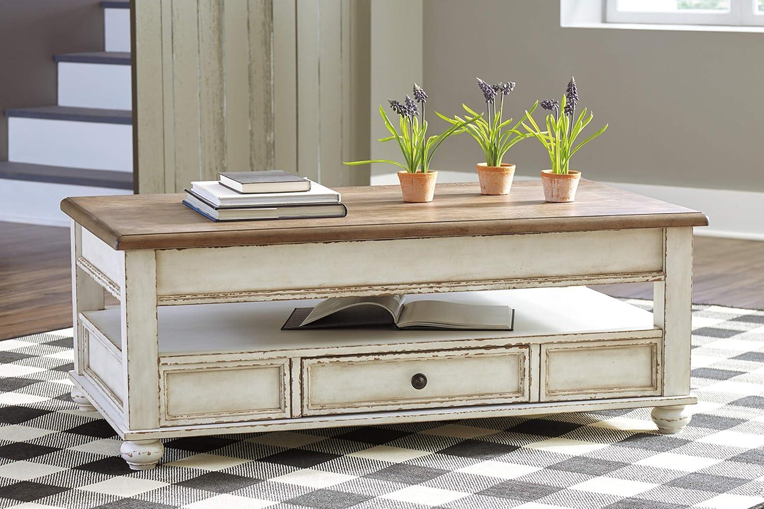 Realyn Coffee Table with Lift Top White/Brown - Signature Design by Ashley: Mid-Century Style, Storage, Wood Legs
