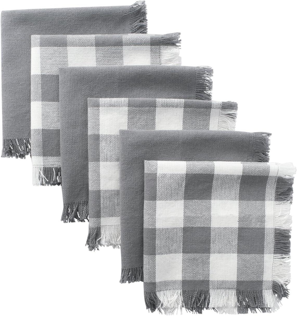 Gray Heavyweight Woven Fringed Check Plaid Dish Cloth (Set of 6)