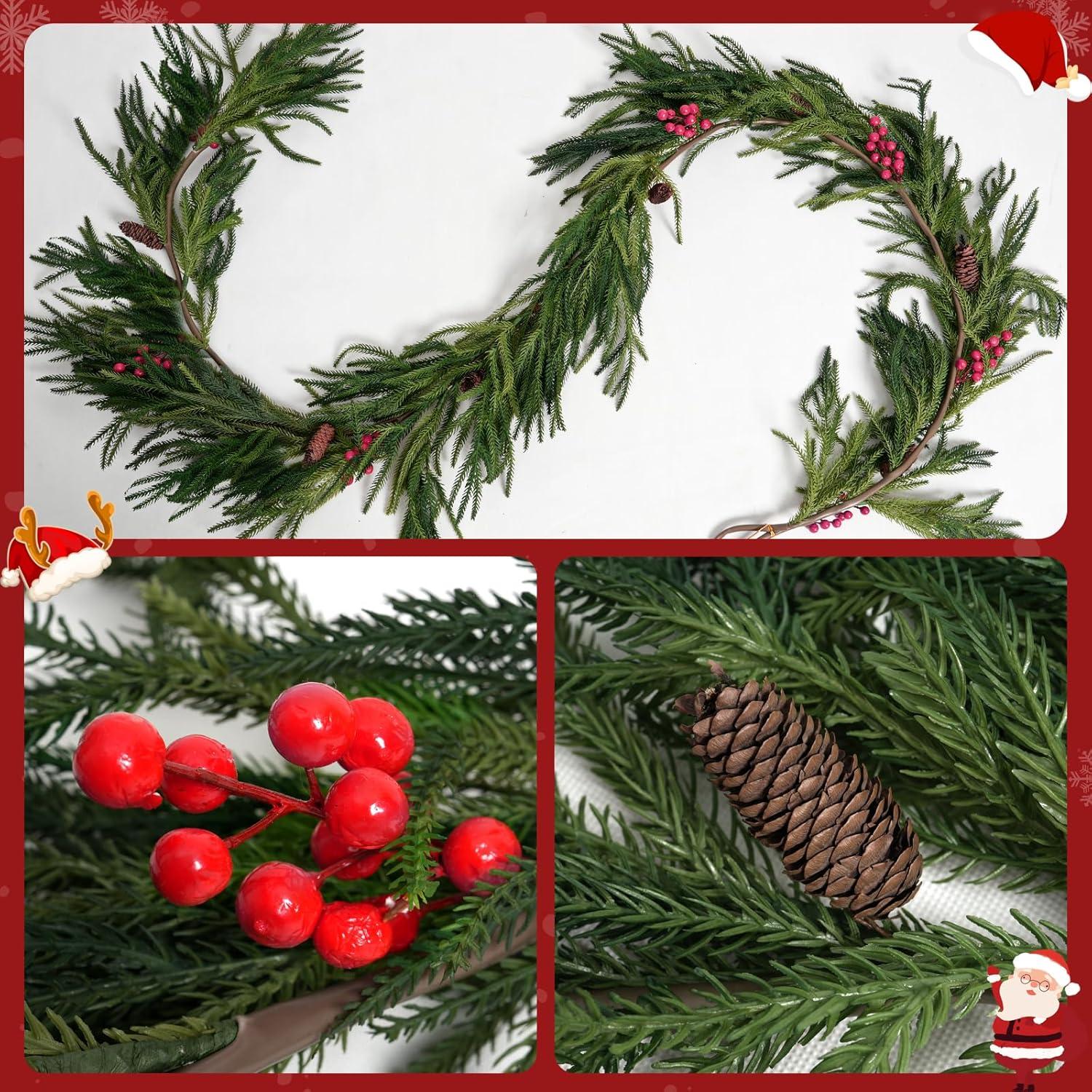 6FT Artificial Norfolk Pine Garlands, Real Touch Greenery Garland, Soft Bendable Garland Christmas Decorations, Greenery Garland for Table,Mantle, Wall, Indoor, Outdoor Thanksgiving Decorations
