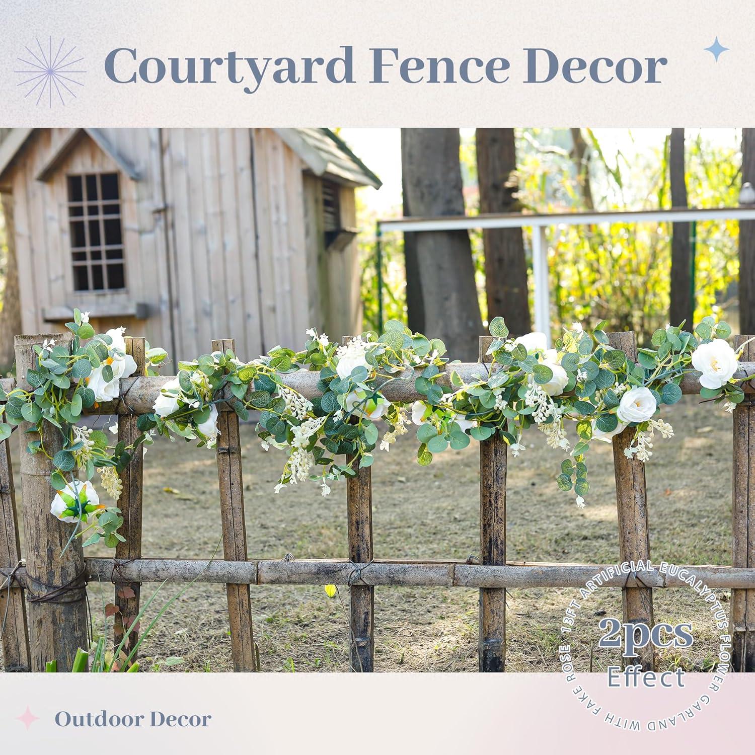 13Ft White Rose and Eucalyptus Artificial Garland Set