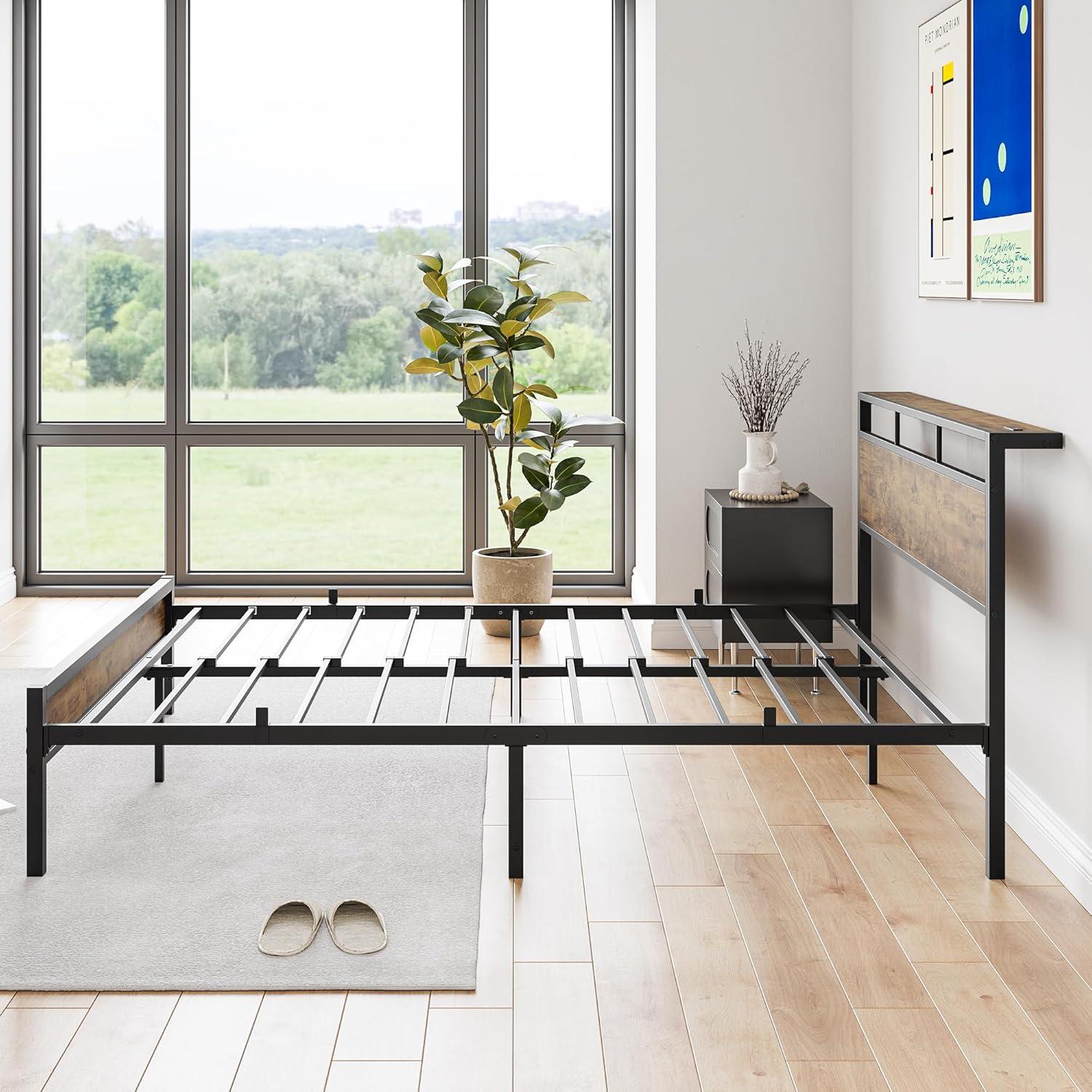 LegaHome Full Bed Frame, Metal Platform Bed with Storage Headboard and Charging Station, Strong Slat Support, Full Size Bed Frame for Kids Teens Adults, No Box Spring Needed, Black