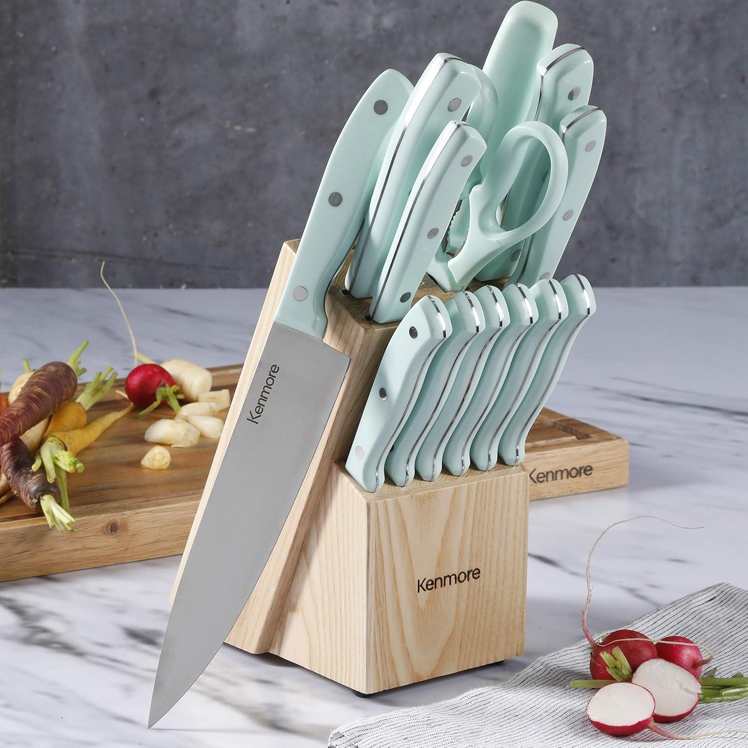 Kenmore Kane 14-Piece Glacier Blue Stainless Steel Cutlery Set with Rubber Wood Block