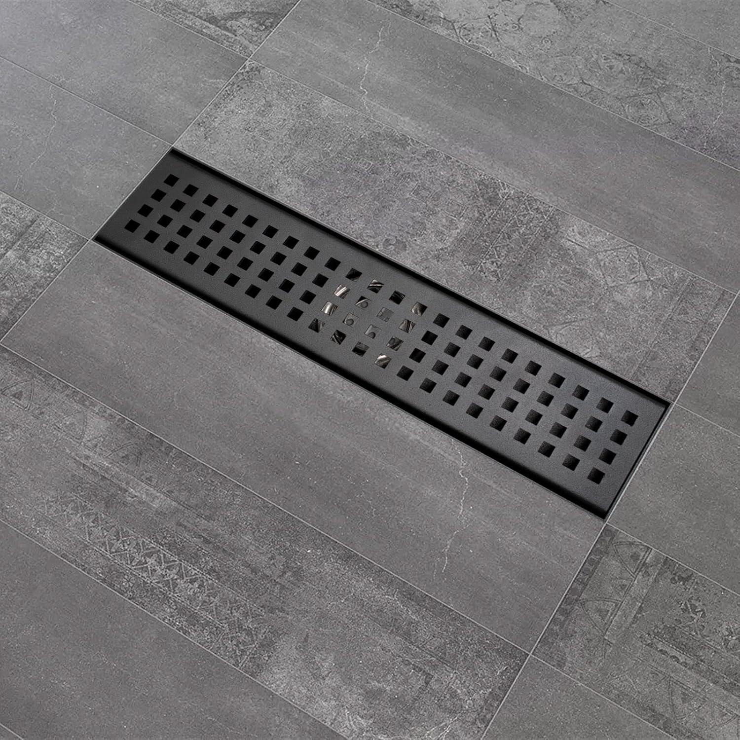 Black Shower Drain, Linear Shower Drain 12 Inch with Square Hole Panel, Matte Black Linear Drain with Hair Strainer and Leveling Feet