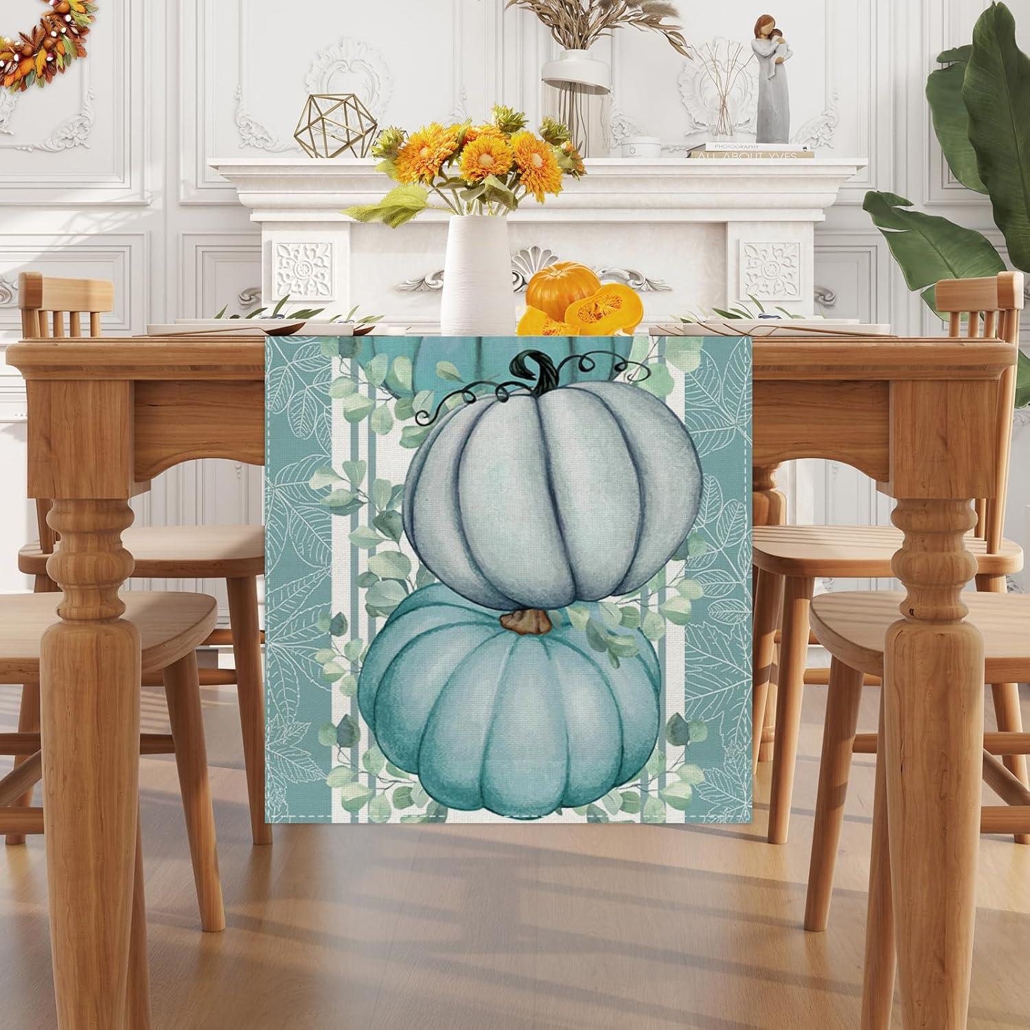 ATJIA Fall Eucalyptus Leaves Pumpkins Table Runner, Autumn Thanksgiving Kitchen Dining Table Decoration for Indoor