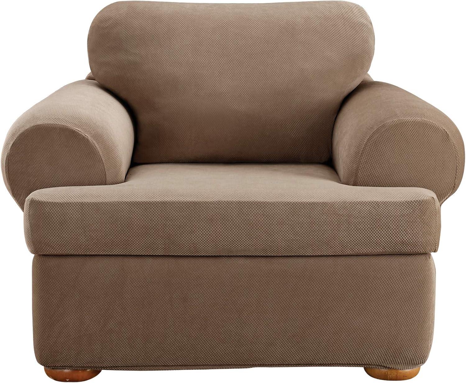 Taupe Stretch Pique T-Cushion Chair Slipcover Set