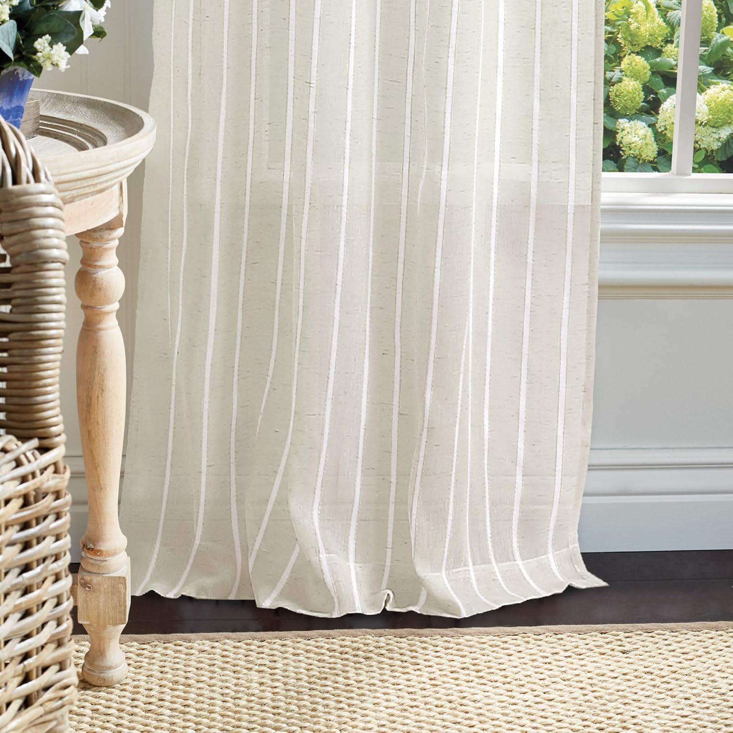 Martha Stewart Laguna Stripe 37" x 84" Semi Sheer Panel Pair Tietab, Off-White