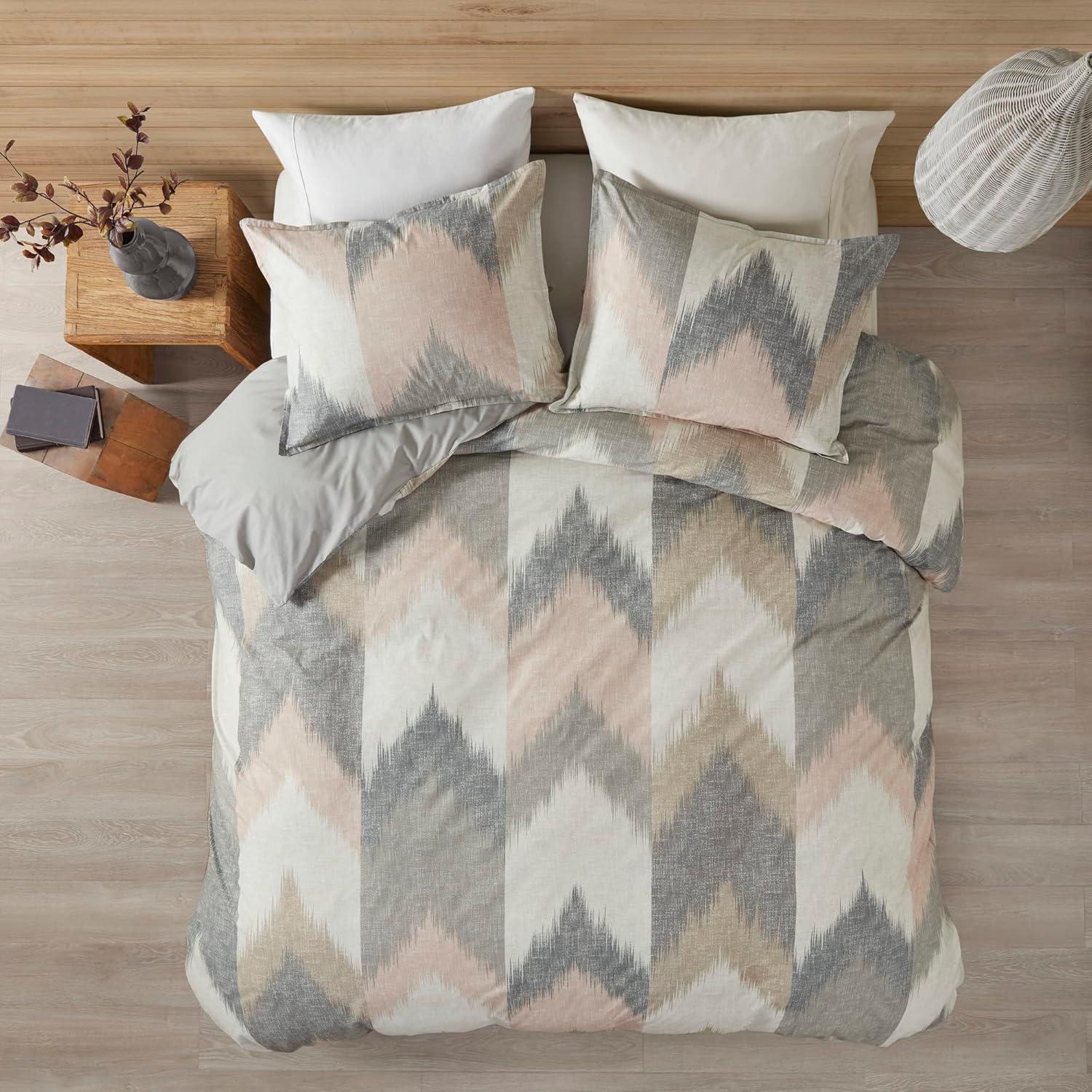 Blush and Gray Ikat Chevron Cotton King/Cal King Duvet Set