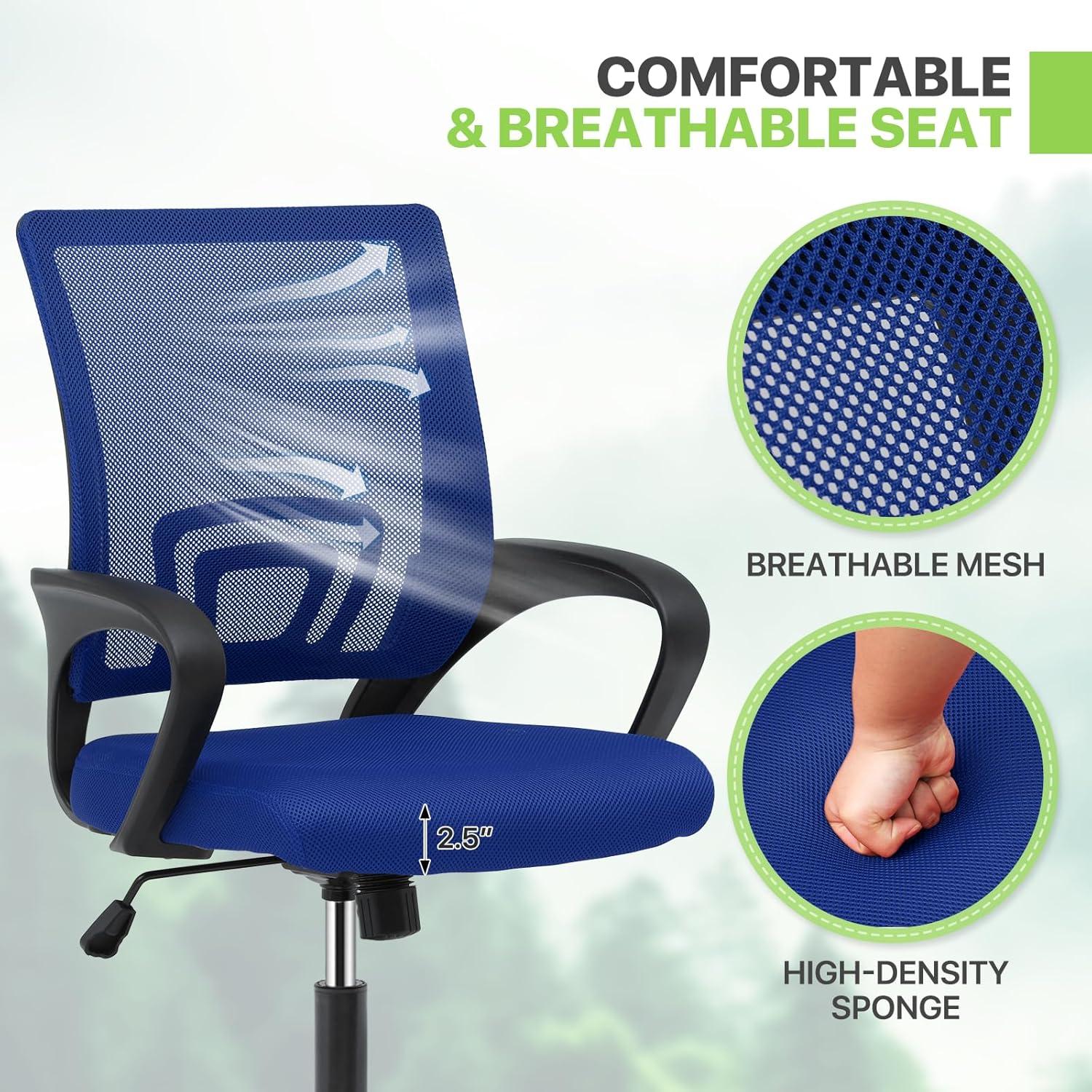 Magshion Set of 2 Office Chairs Mid Back Swivel Desk Chairs, Height Adjustable Ergonomic Mesh Computer Chairs with Armrest & Lumbar Support, Navy Blue