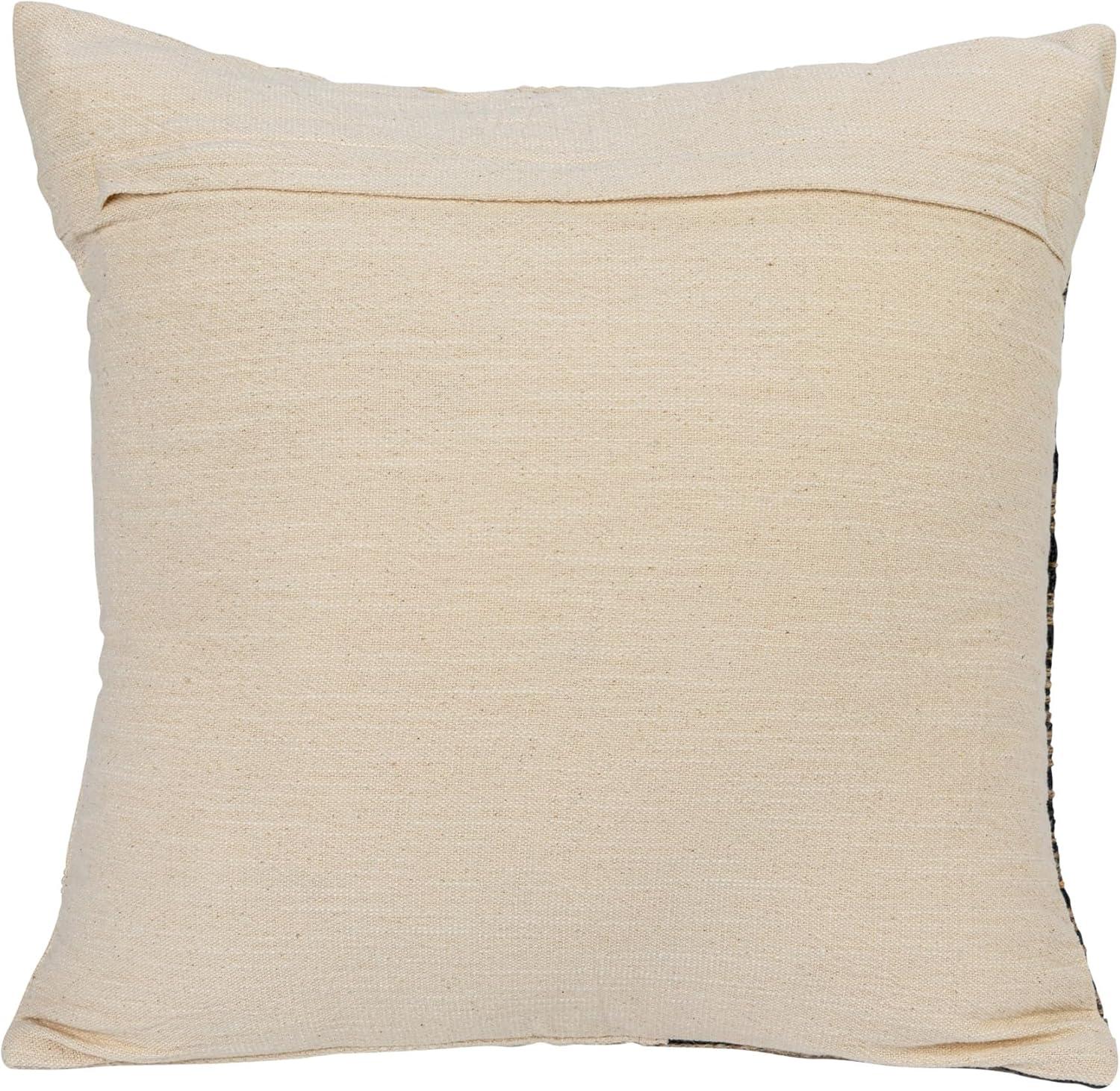 18-Inch Beige and Black Cotton Jacquard Pillow with Jute Embroidery