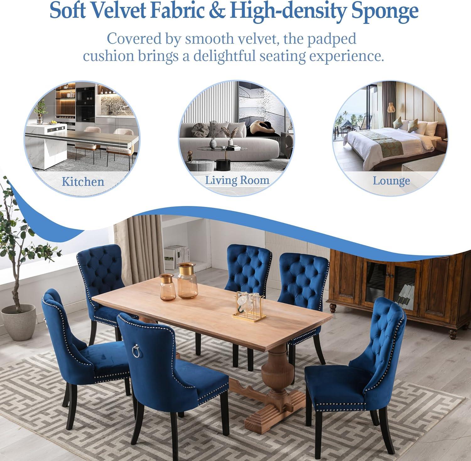 ODUSE-DAILY Velvet Dining Chairs Set of 4, Navy Kitchen & Dining Room Chairs, Tufted Dining Chairs, Fabric Upholstered, Solid Wood, Sillas De Comedor (Blue, 4 Pcs)