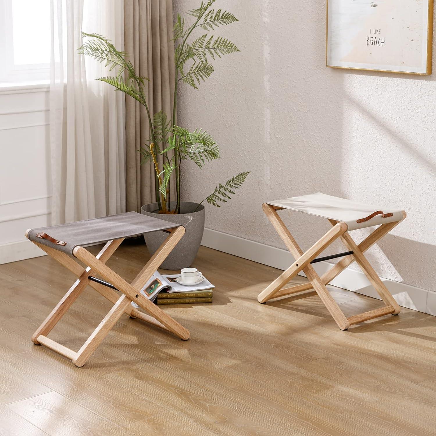 Folding Chairs Patio Stool for Camping Solid Wood Teak and Fabric (Set of 2)