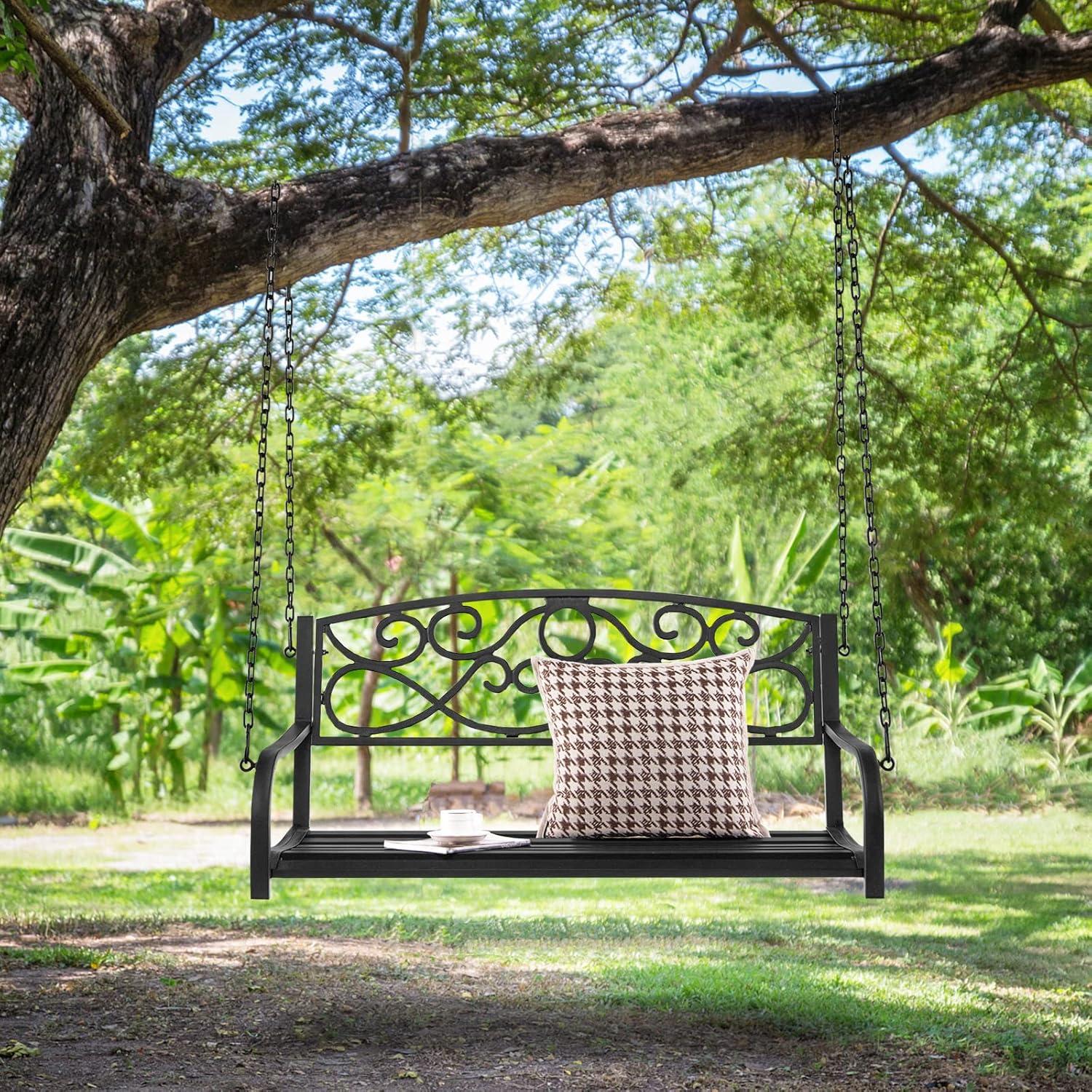 Black Metal 2-Person Hanging Porch Swing with Chains and Armrests