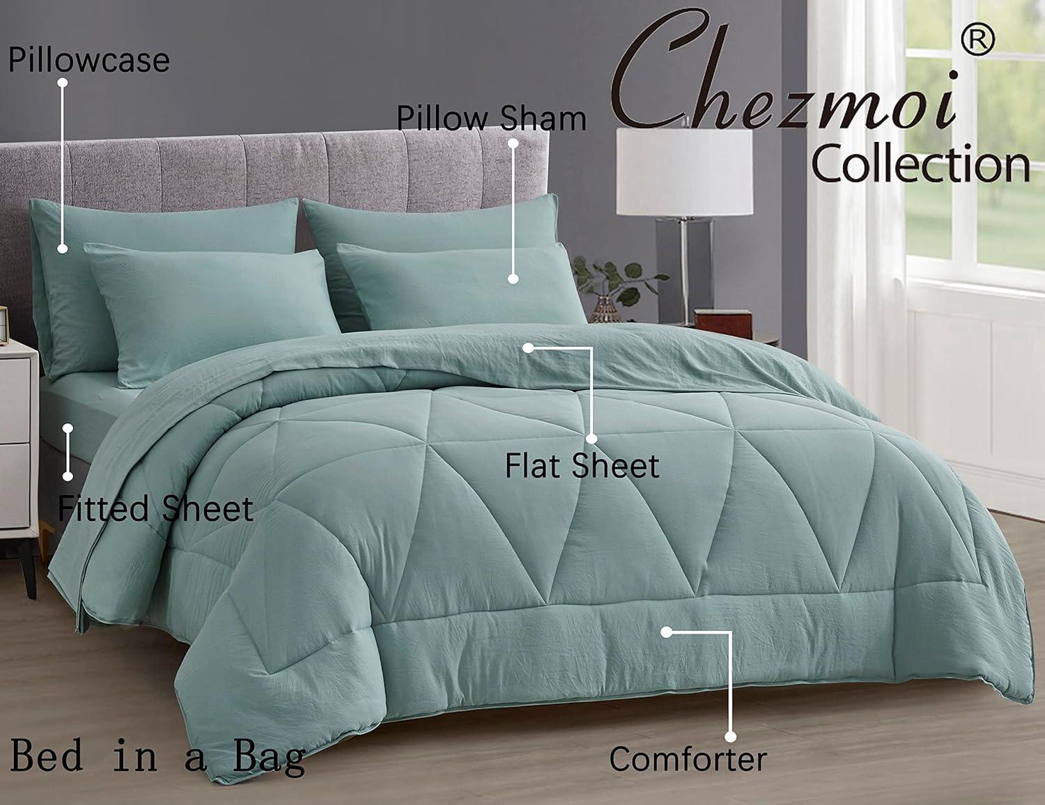 Chezmoi Collection Jasper 7-Pieces Bed in a Bag Comforter Set with Sheets, Geometric Triangle Quilted Double Brushed Microfiber Lightweight All Season Bedding Set, Full, Aqua