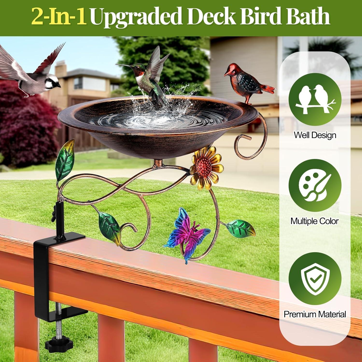 August Grove® Deck Mounted Bird Bath Detachable Metal Birdbath Bowl With Adjustable Clamp