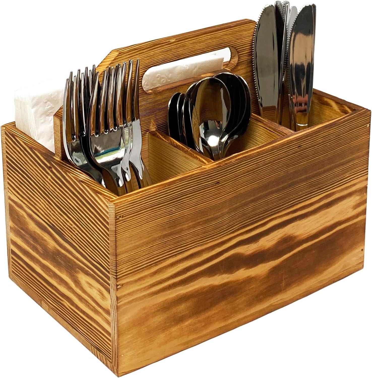 Rustic Pine Wood Utensil and Napkin Holder Caddy