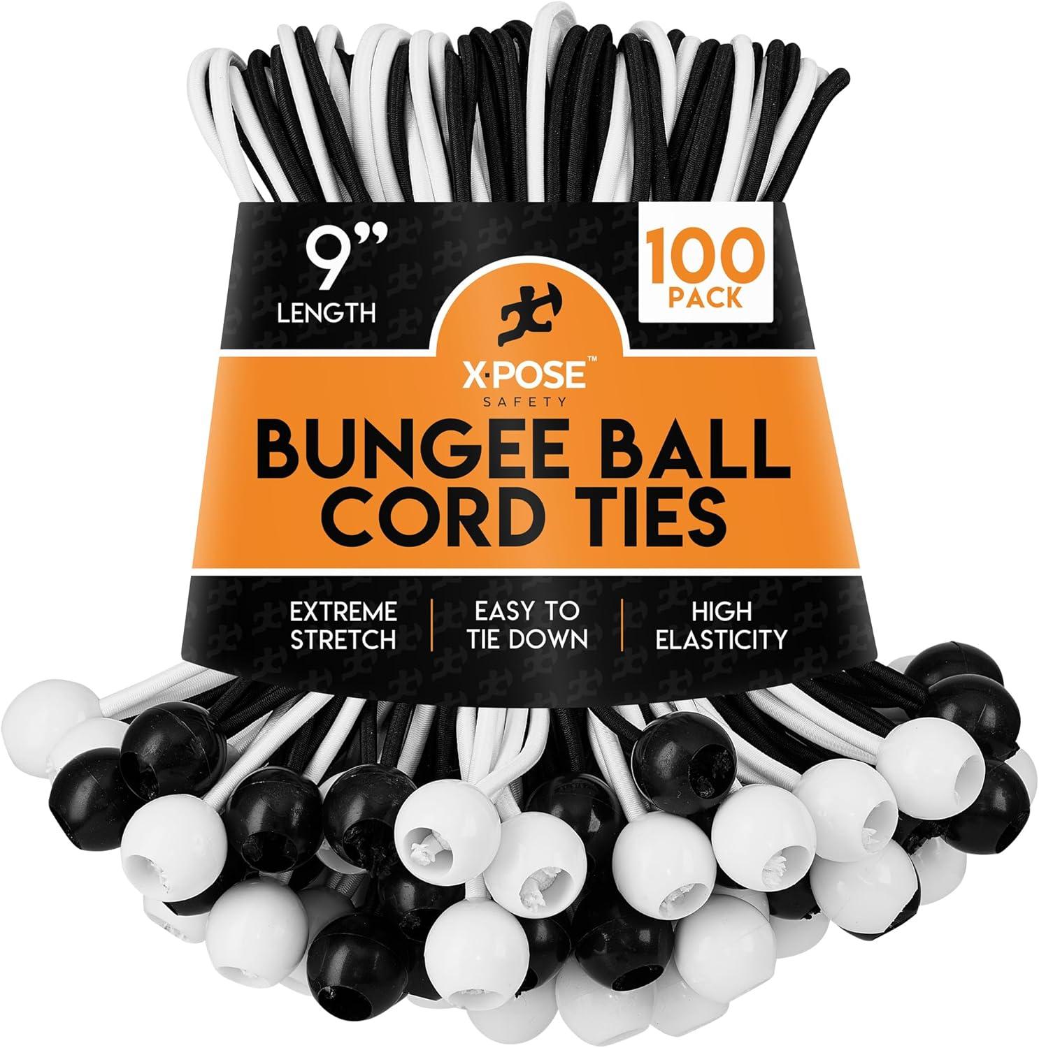 Xpose Safety Bungee Ball Cords 9" 100 Pack Heavy Duty Assorted Colors Stretch Rope with Ball Ties for Canopies, Tarps, Walls, Cable Organization