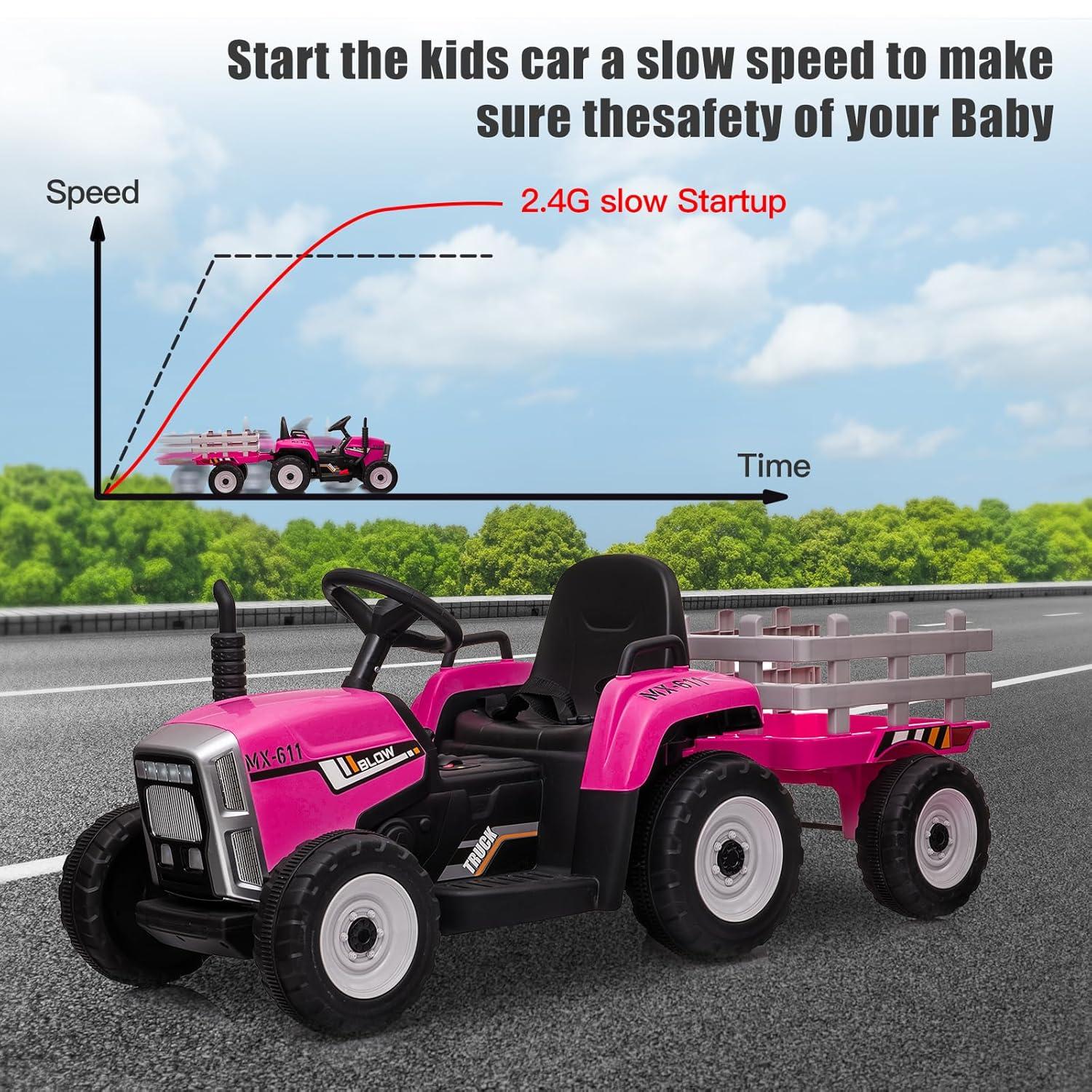 12V Kids Battery Powered Electric Tractor with Remote Control and Trailer Toddler Ride Car With 7LED Headlight and 2+1 Gear Shift Music USB Port Suitable for Children 3+