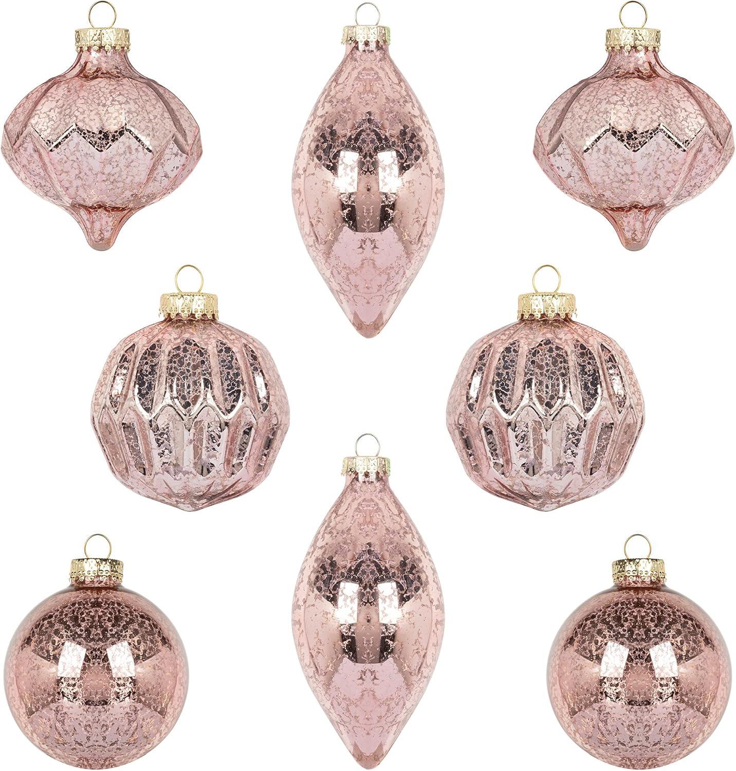 KI Store Mercury Glass Christmas Ornaments Set of 8 Pink Christmas Balls Finials for Christmas Tree Decoration Holiday Décor