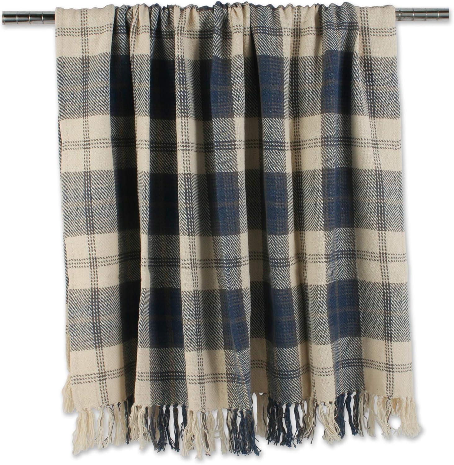 Farmhouse Beige and Blue Cotton Plaid Throw Blanket with Fringe